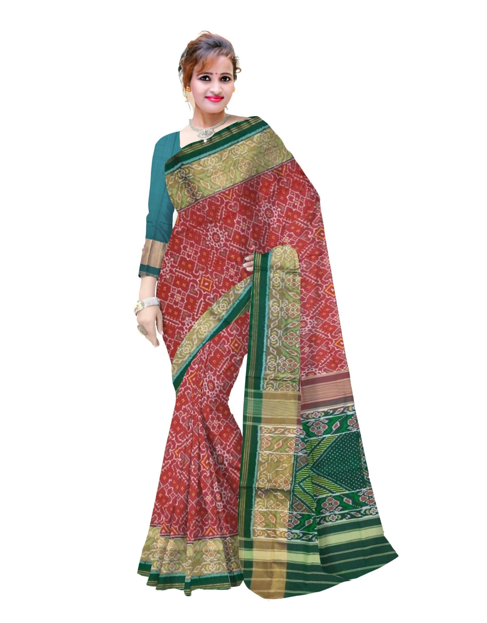 Traditional Green Red Manekchok Patola Saree