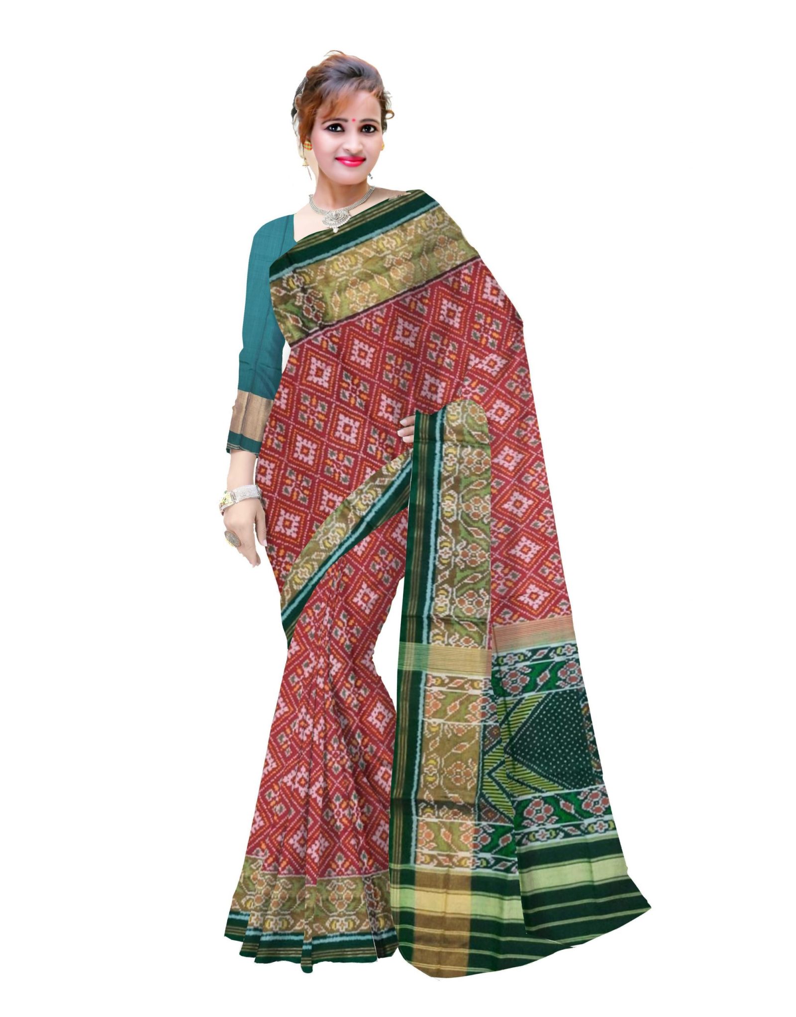 Traditional Green Red Panchanda Patola Saree