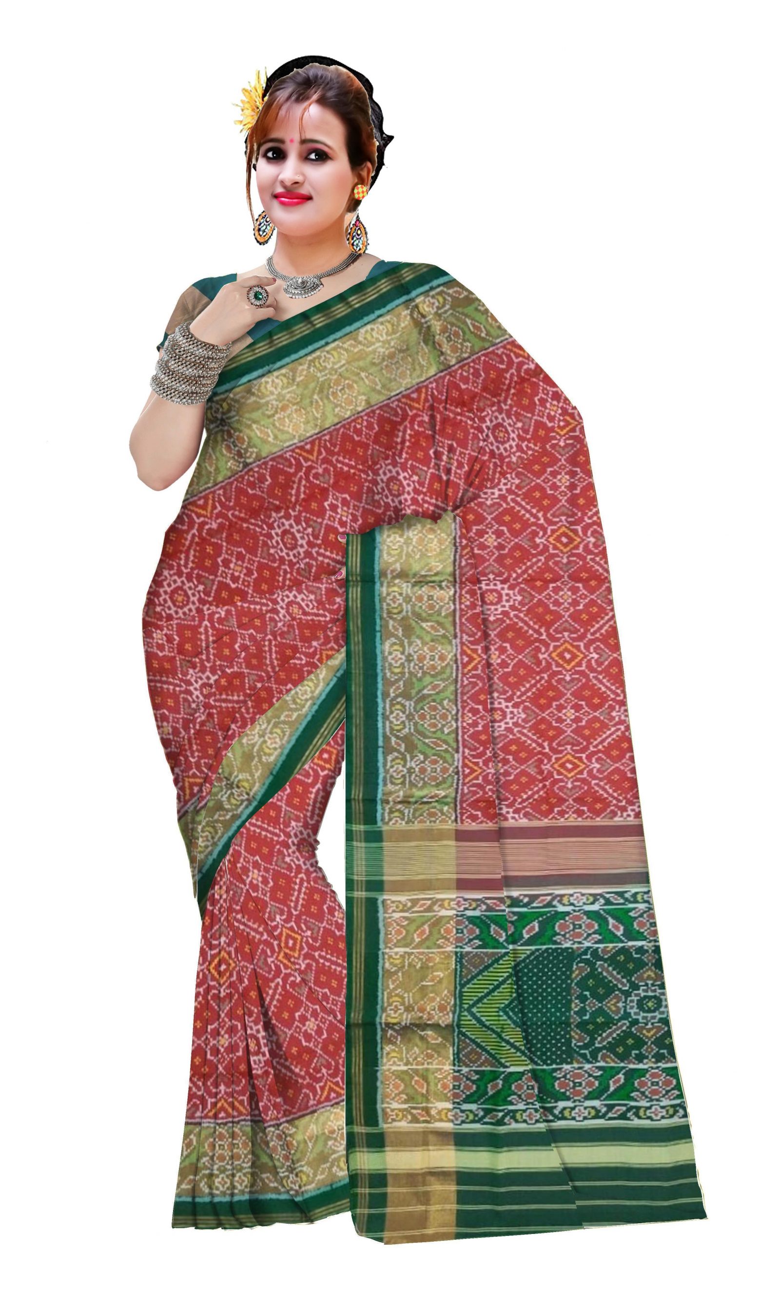 Traditional Green Red Manekchok Patola Saree