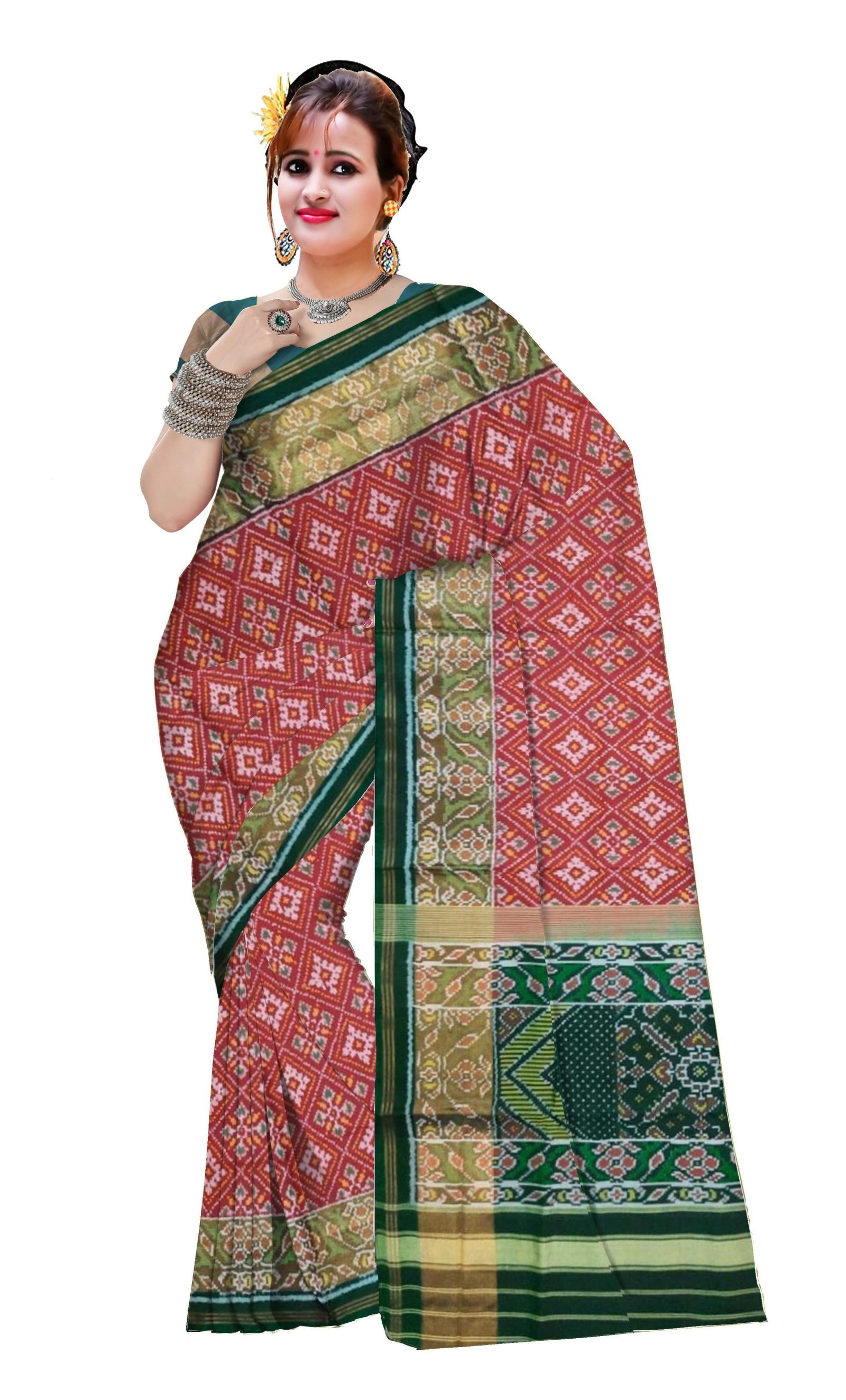 Traditional Green Red Panchanda Patola Saree