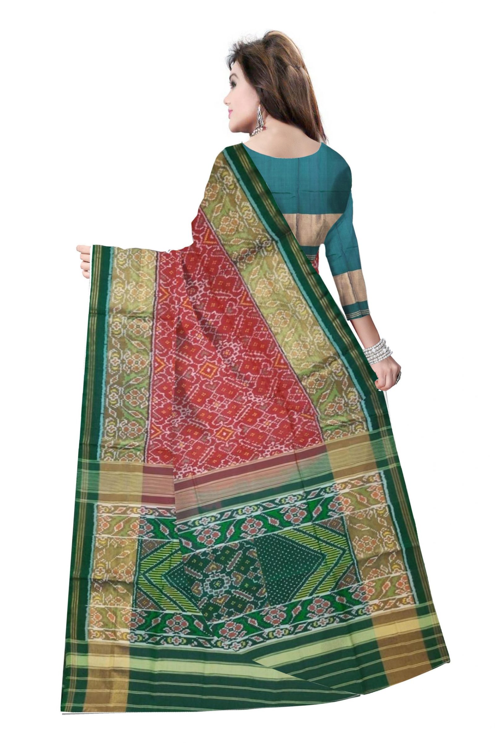 Traditional Green Red Manekchok Patola Saree