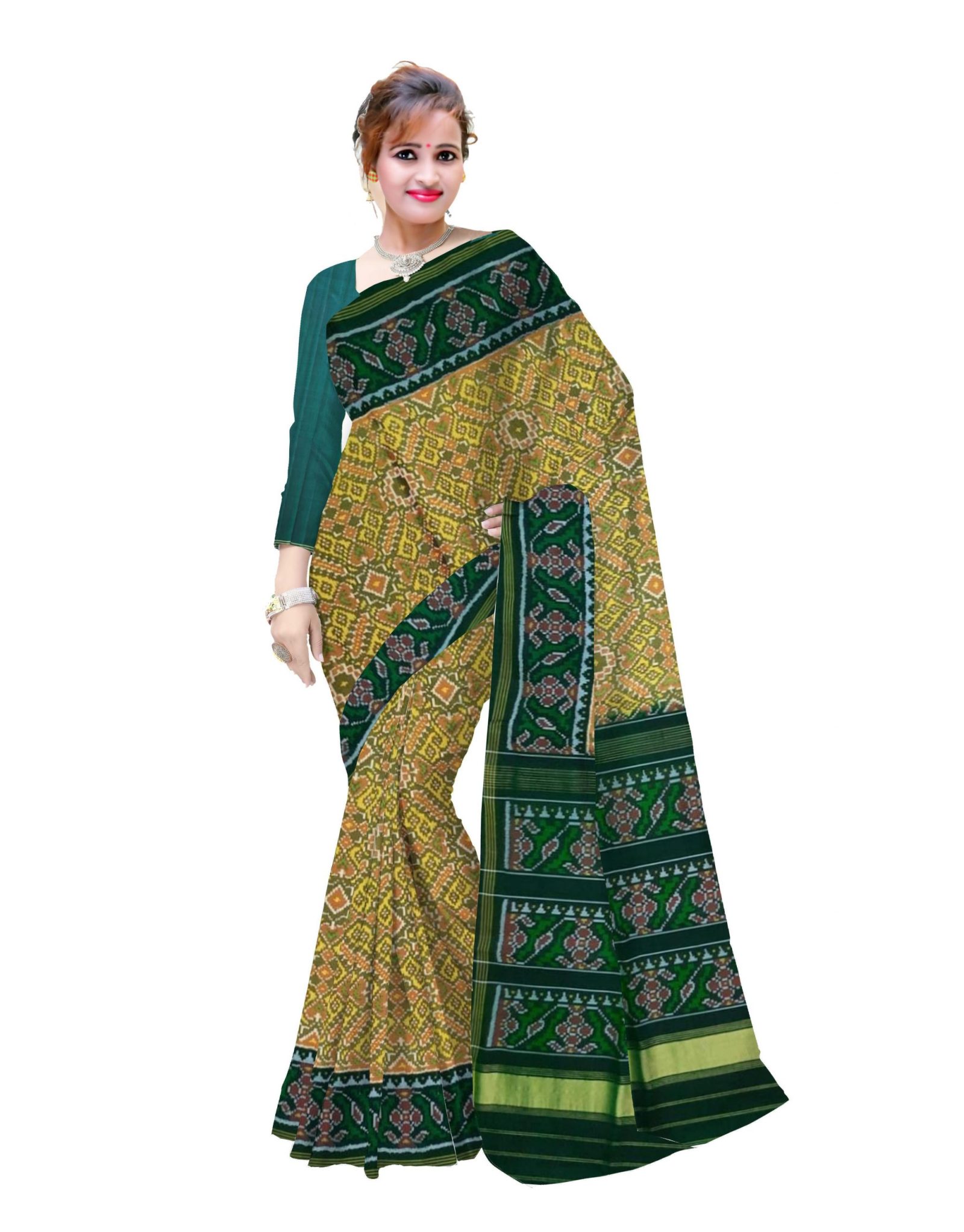 Traditional Single Ikkat Green Yellow Manekchok Patola Saree