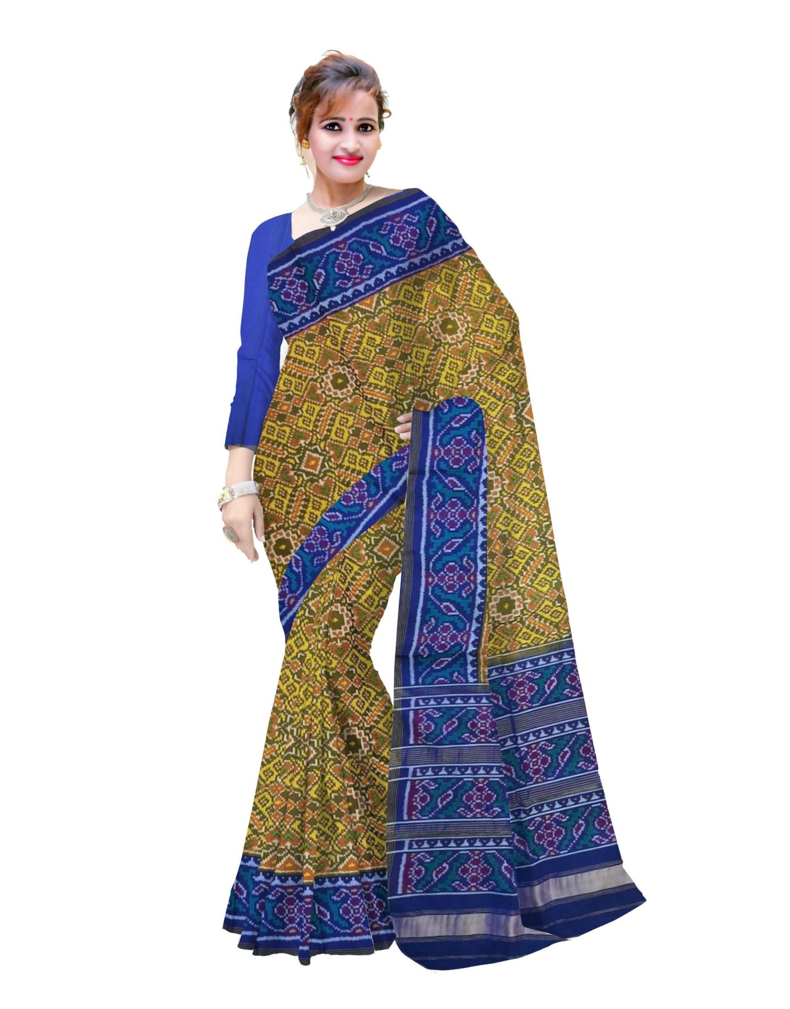 Traditional Single Ikkat Blue Yellow Manekchok Patola Saree