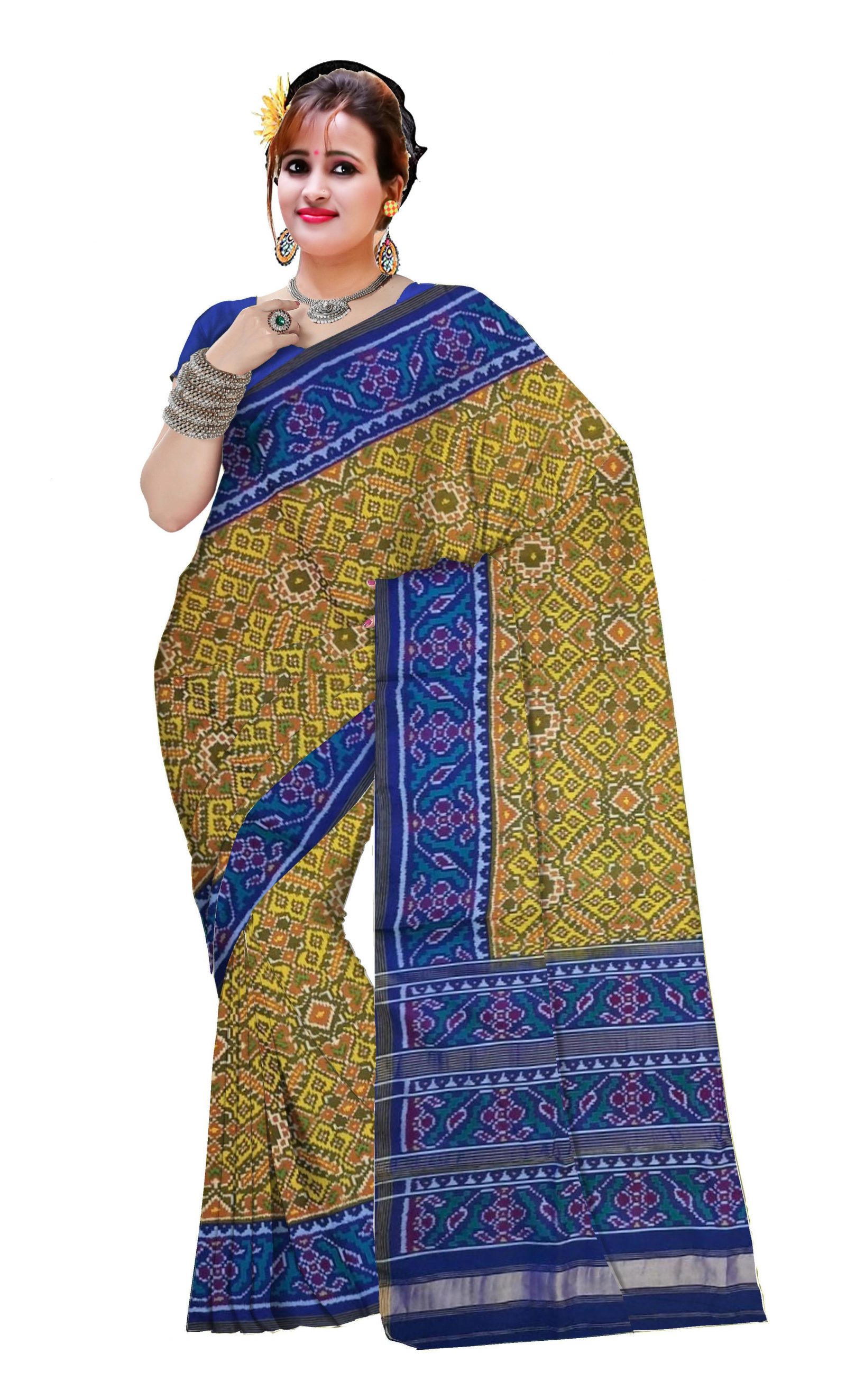 Traditional Single Ikkat Blue Yellow Manekchok Patola Saree