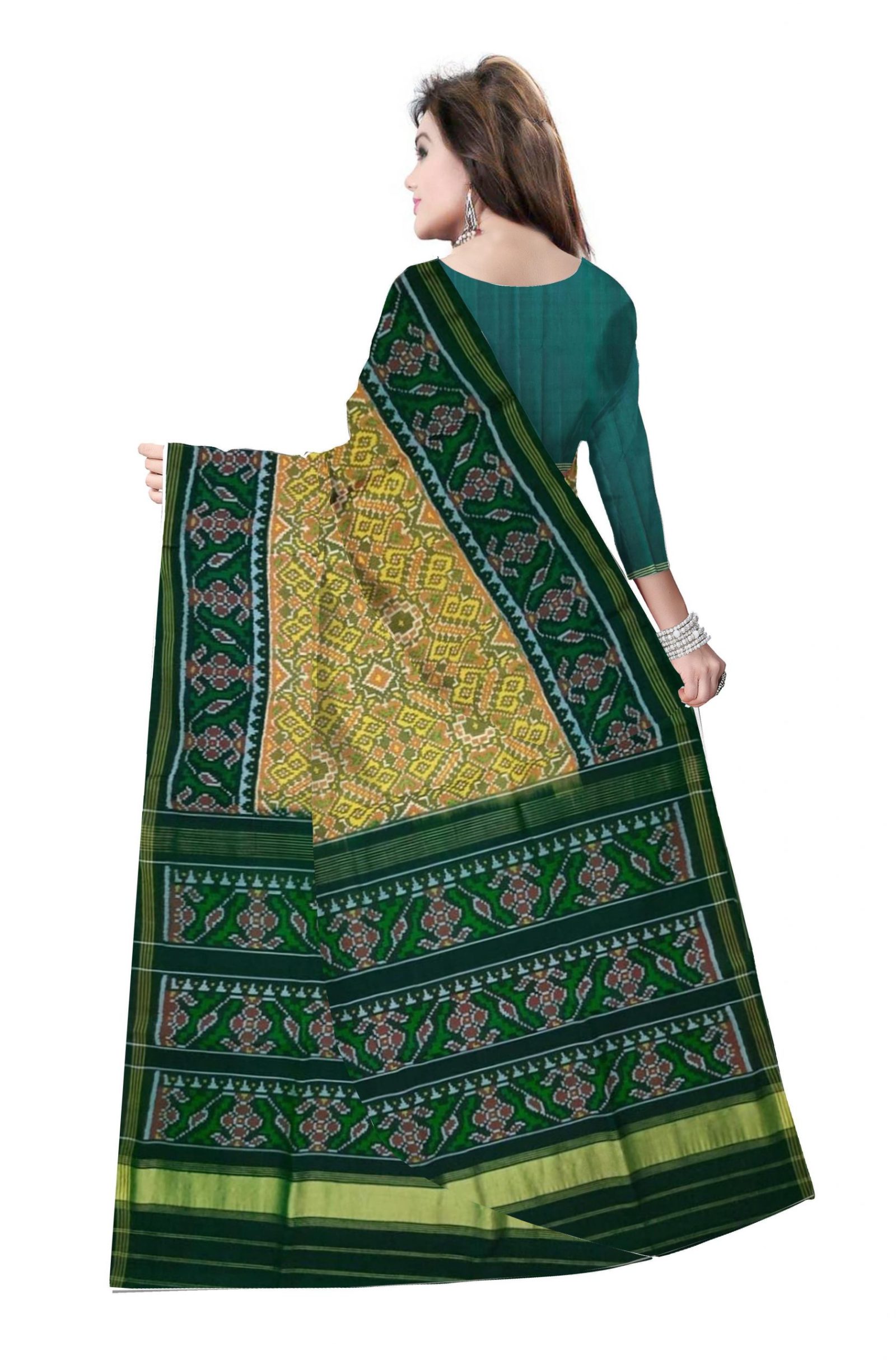 Traditional Single Ikkat Green Yellow Manekchok Patola Saree