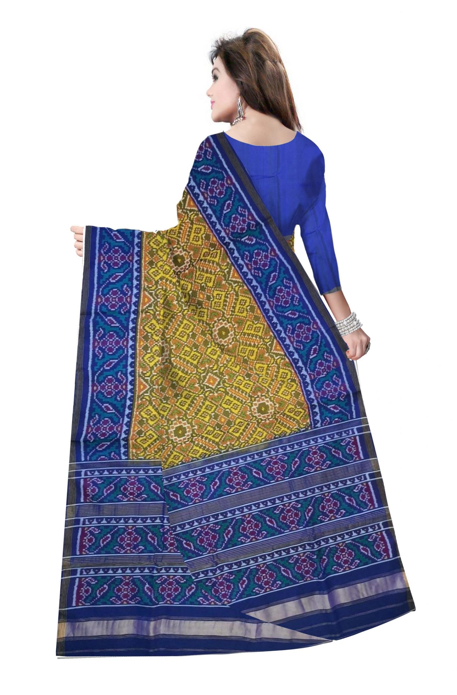 Traditional Single Ikkat Blue Yellow Manekchok Patola Saree