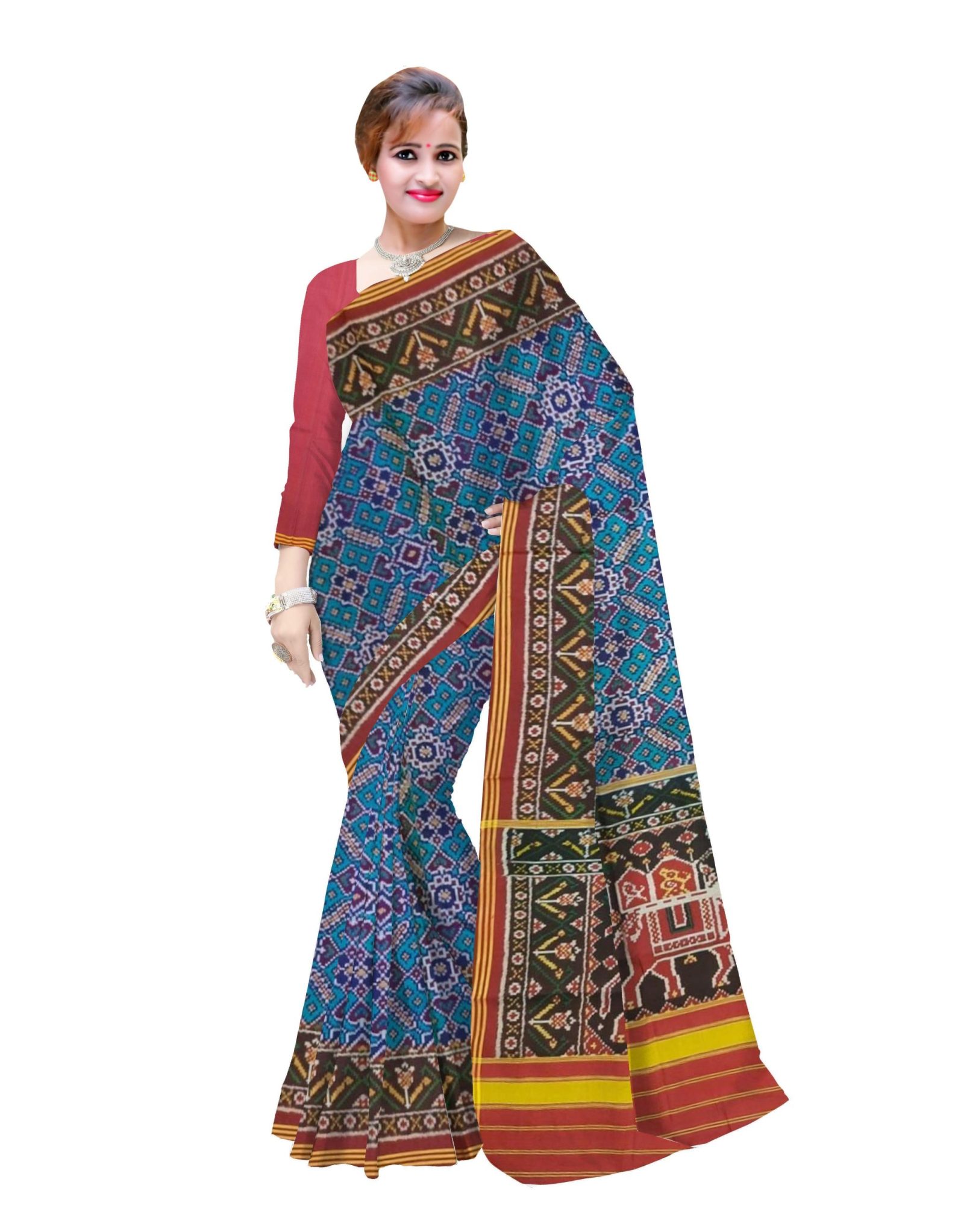 Traditional Single ikkat MaroonRed Sky Blue Manekchok Patola Saree