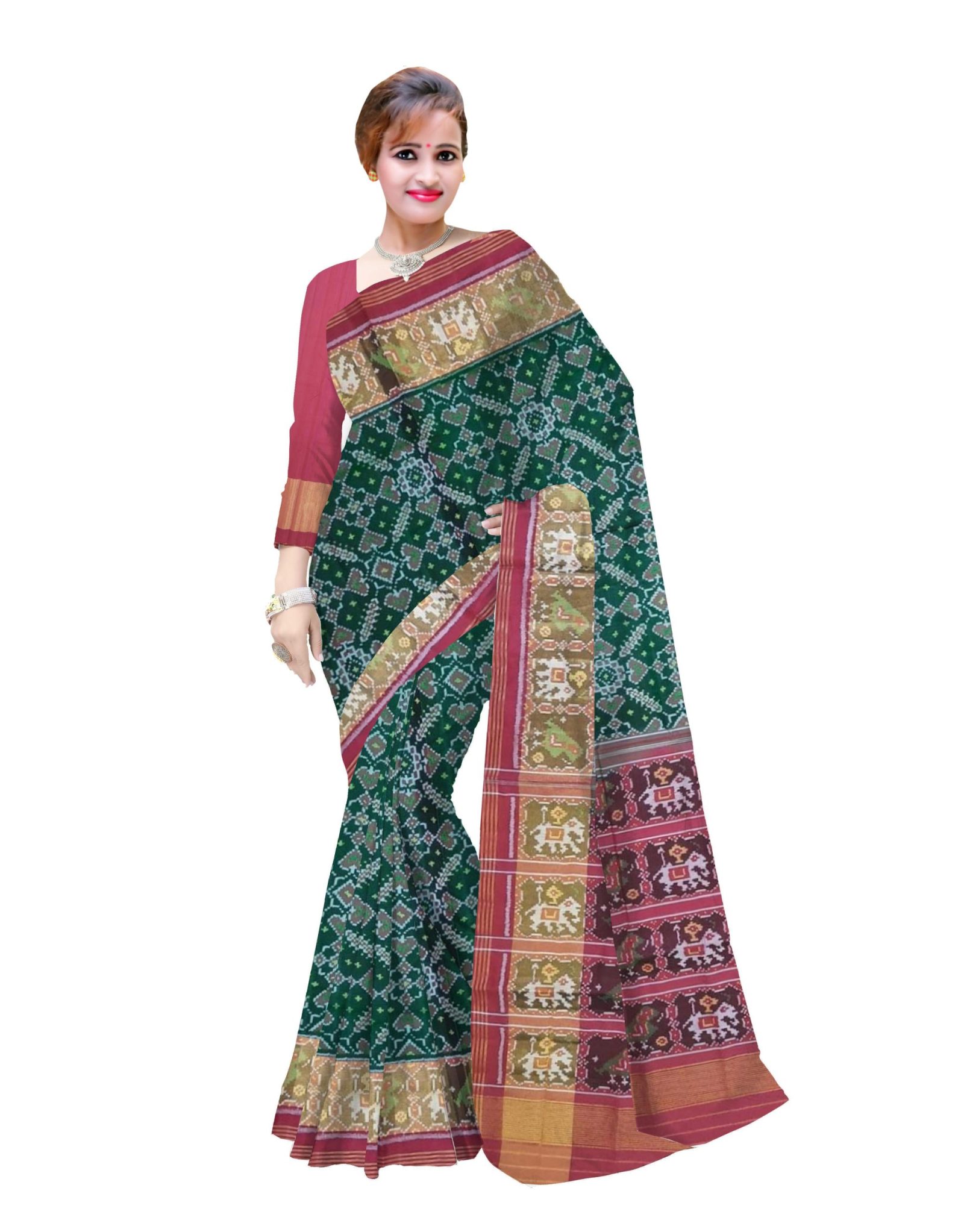 Traditional Rajkot Red Green Manekchok Patola Saree