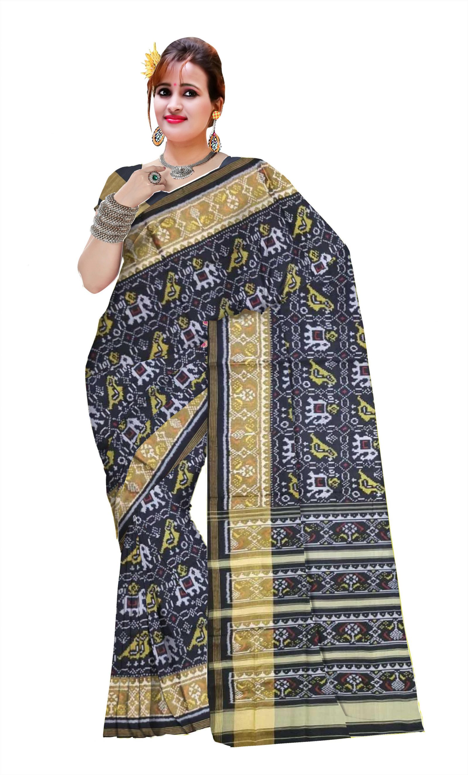 Traditional Rajkot Black Elephant Parrot Patola Saree