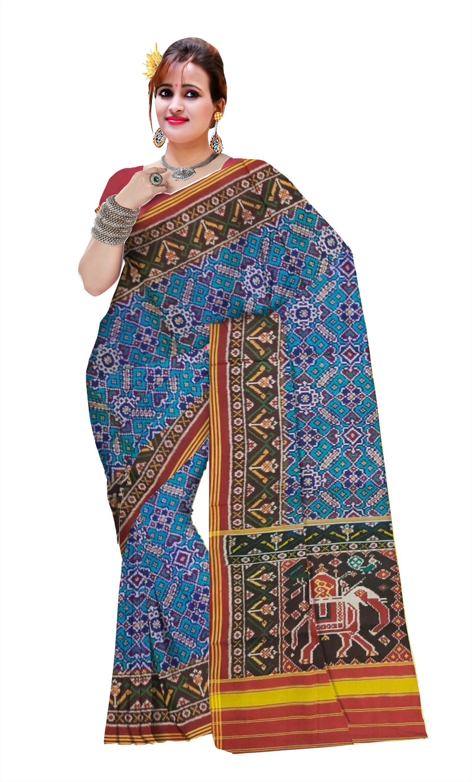 Traditional Single ikkat MaroonRed Sky Blue Manekchok Patola Saree