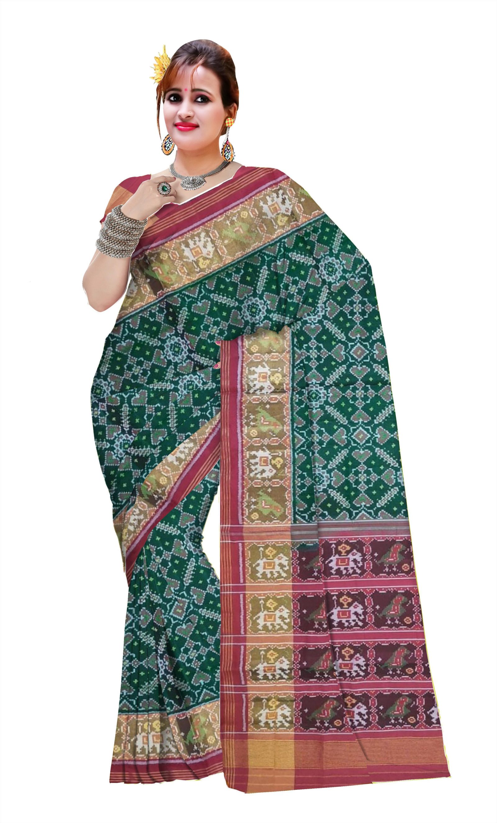 Traditional Rajkot Red Green Manekchok Patola Saree