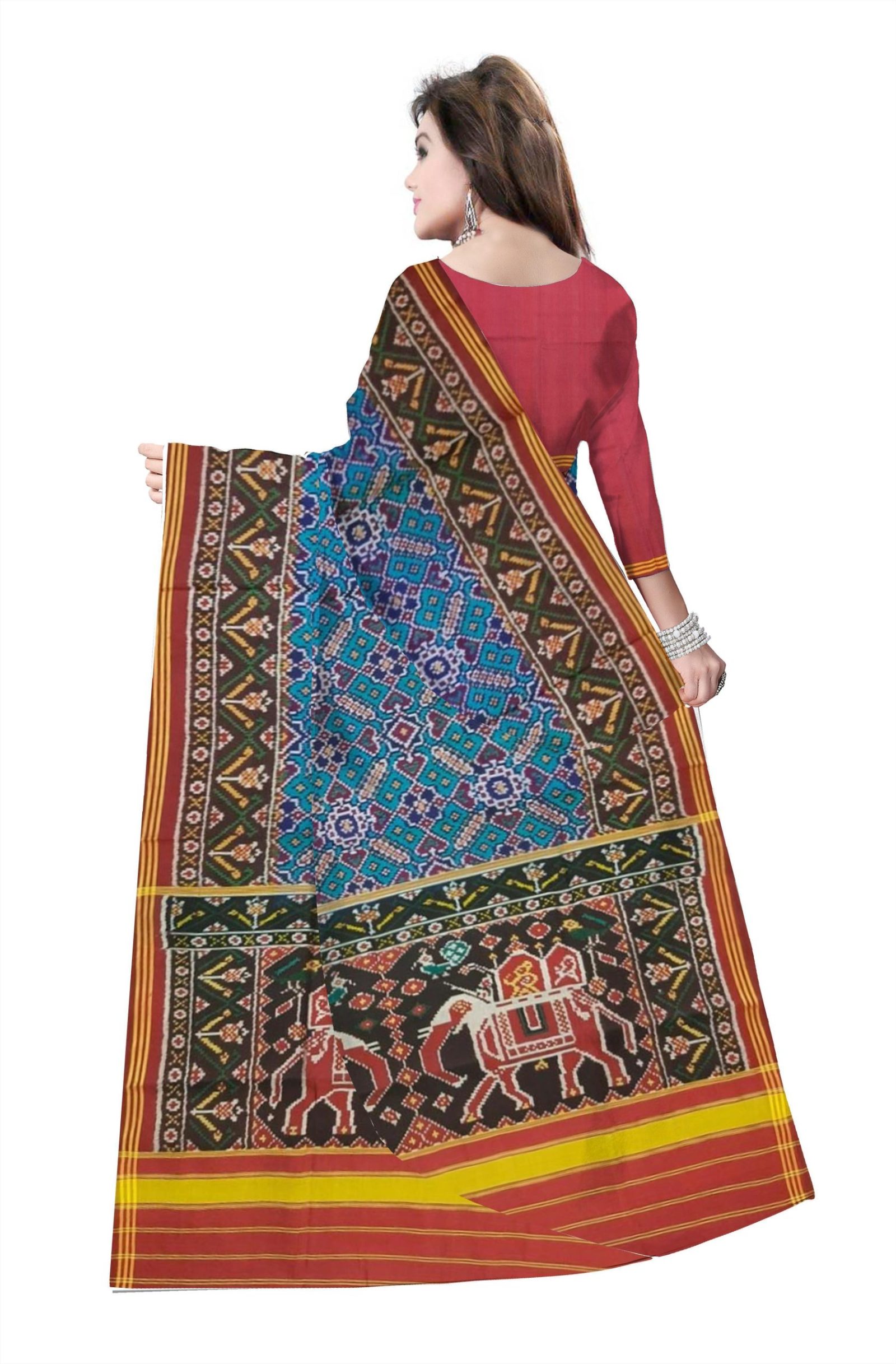 Traditional Single ikkat MaroonRed Sky Blue Manekchok Patola Saree