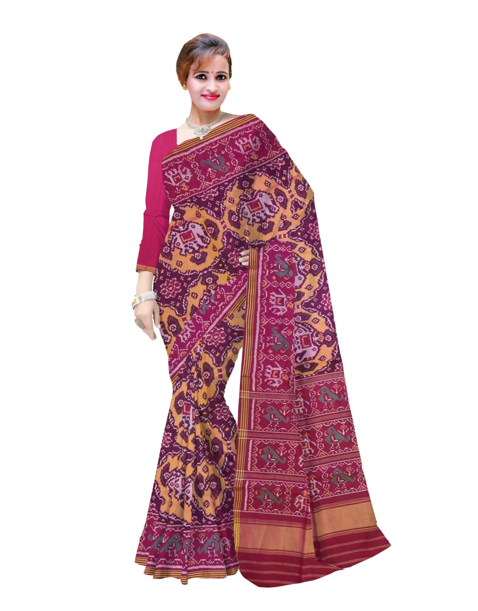 Traditional Single ikkat Pink Yellow Chabdi Elephant Patola Saree