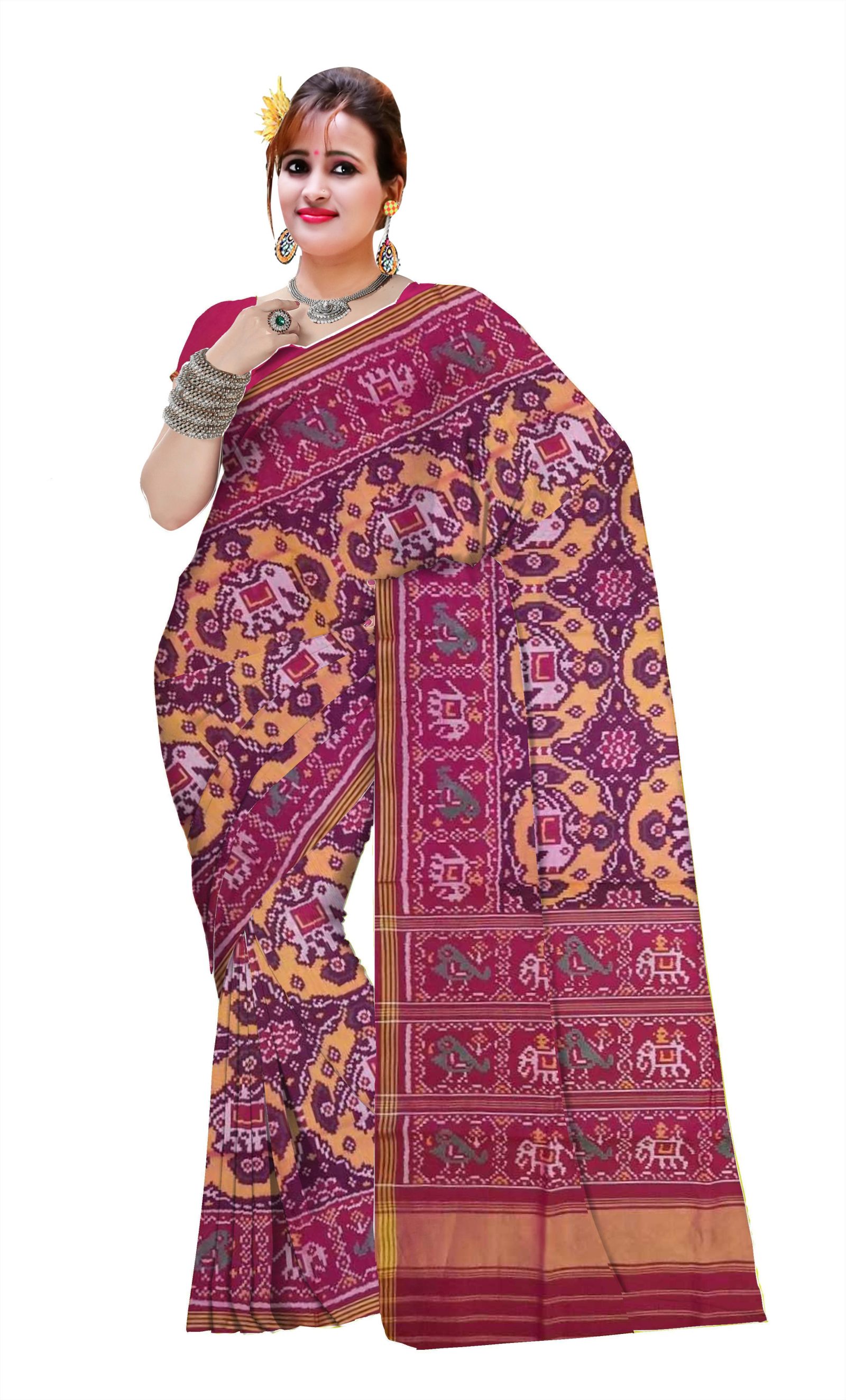 Traditional Single ikkat Pink Yellow Chabdi Elephant Patola Saree