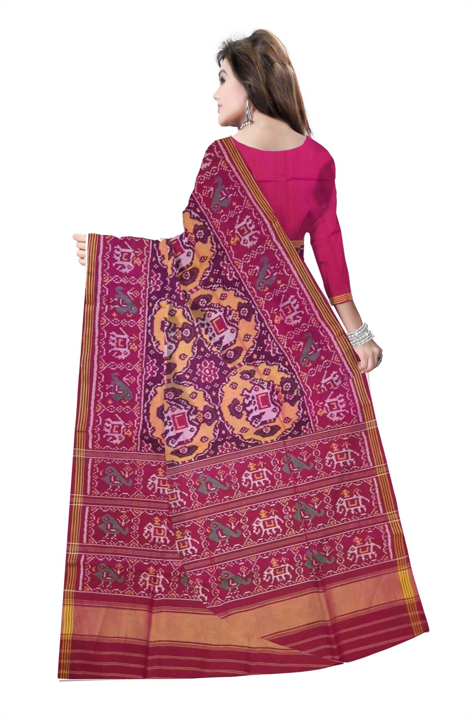 Traditional Single ikkat Pink Yellow Chabdi Elephant Patola Saree