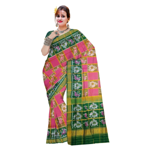 Traditional Rajkot Zari Chex Green Pink Patola Saree