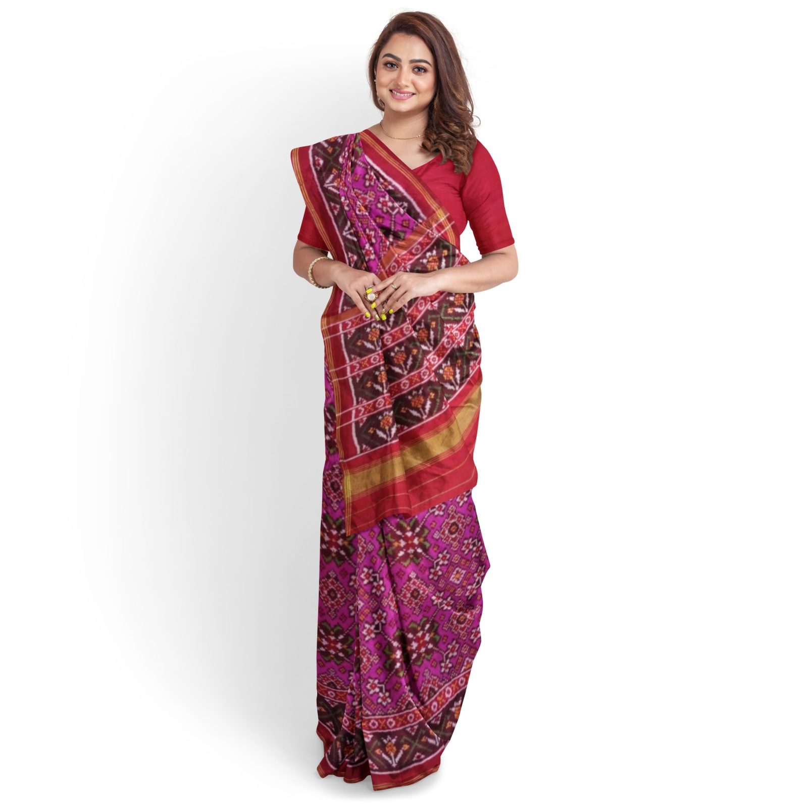 Traditional Single ikkat Red Pink Navratan Patola Saree