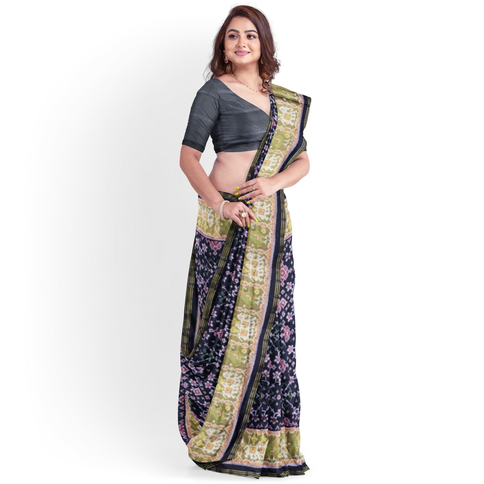 Traditional Rajkot Tissue Border Black Navratan Patola Saree