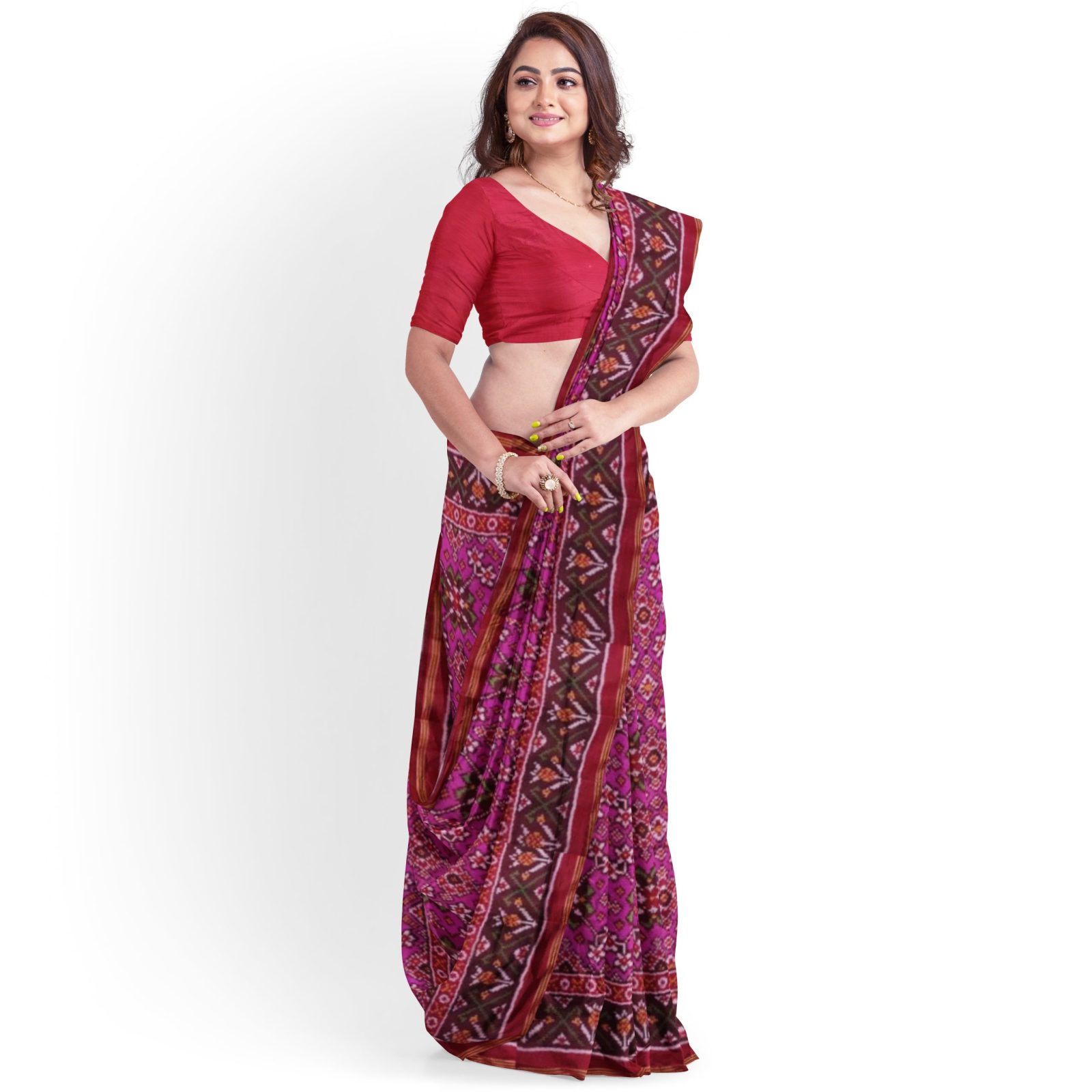 Traditional Single ikkat Red Pink Navratan Patola Saree