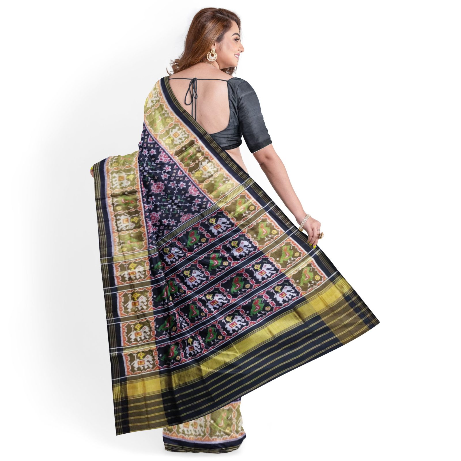 Traditional Rajkot Tissue Border Black Navratan Patola Saree