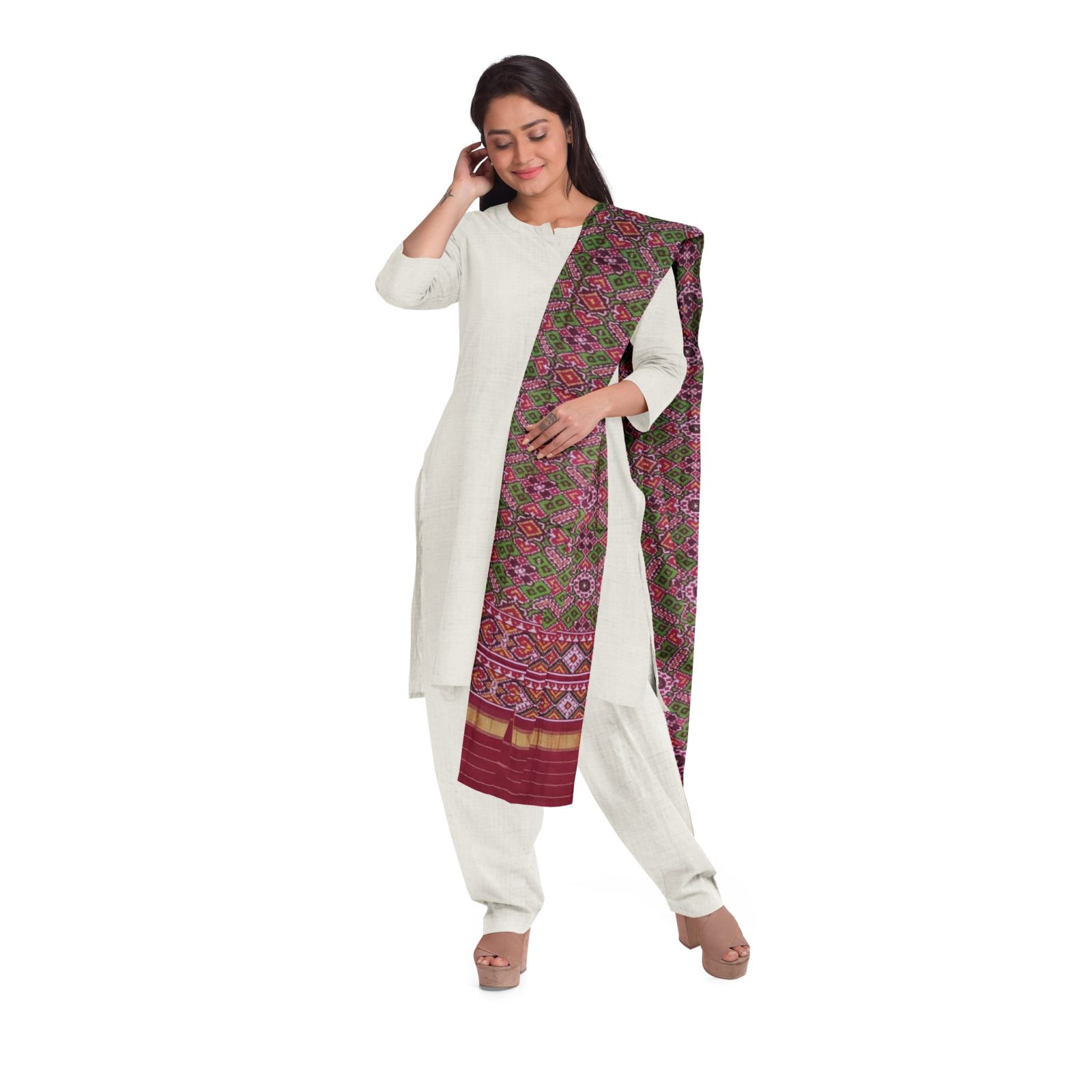 Traditional Single ikkat Maroon Green Manekchok Patola Dupatta