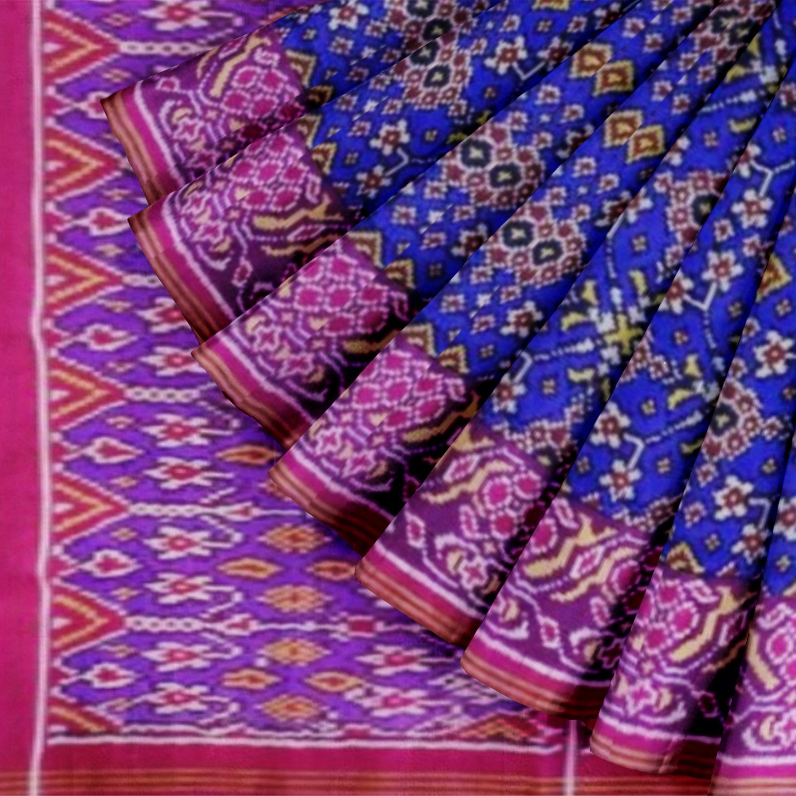 Traditional Single ikkat Pink Blue Navratan Patola Saree