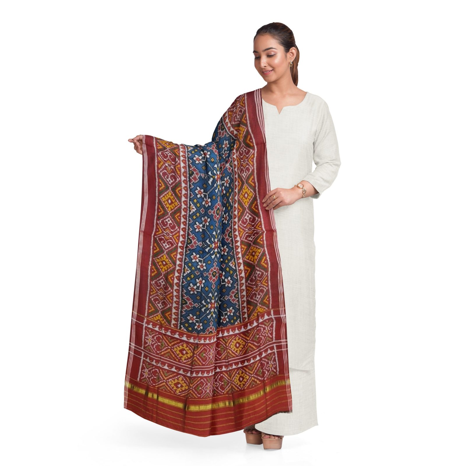 Traditional Single ikkat Maroon Blue Navratan Patola Dupatta