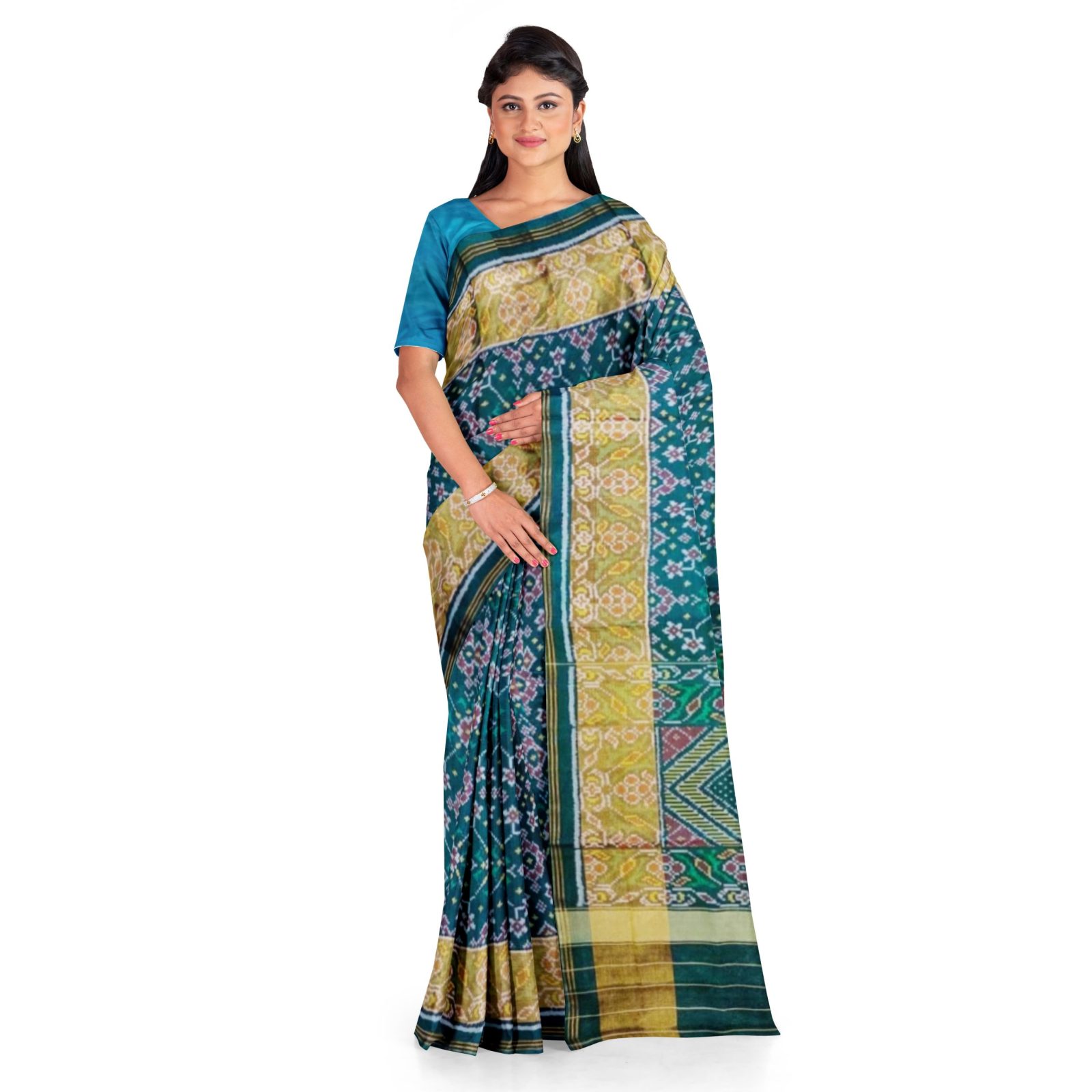 Traditional Rajkot Tissue Border Teal Navratan Patola Saree