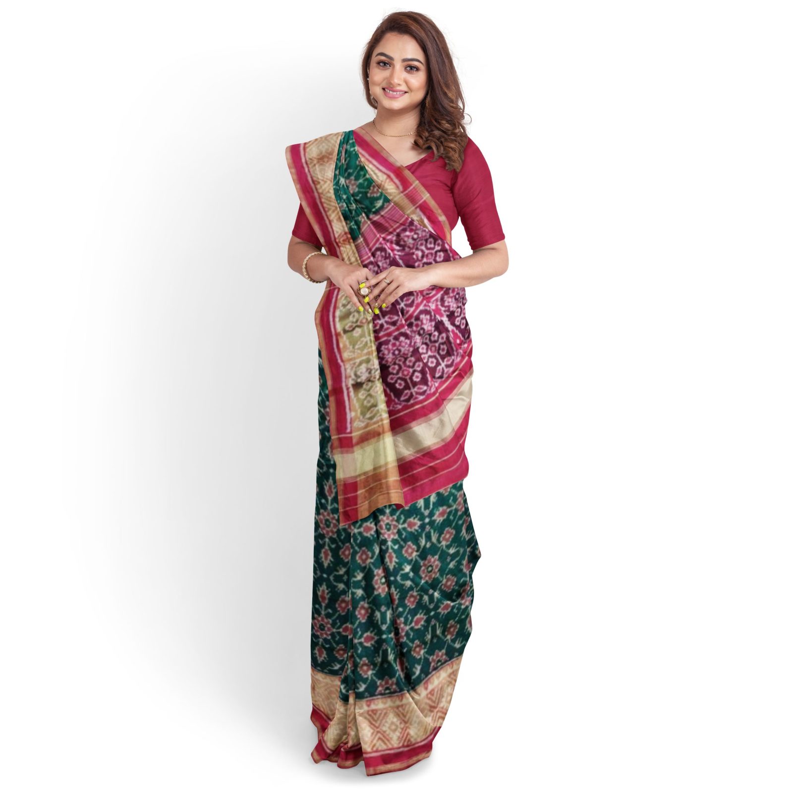 Traditional Rajkot Tissue Border Red Green Chabdi Patola Saree