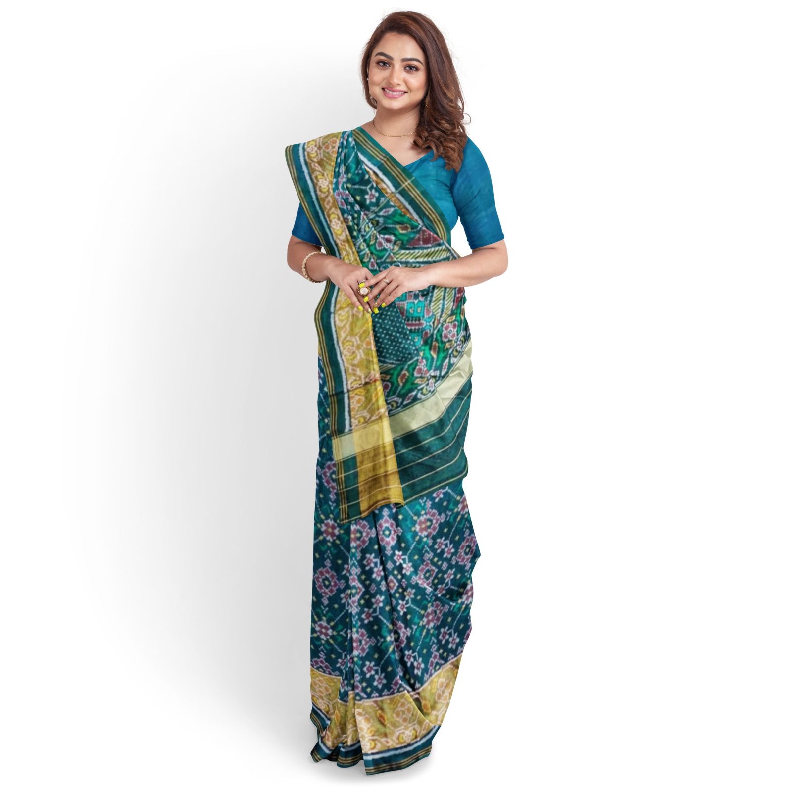 Traditional Rajkot Tissue Border Teal Navratan Patola Saree