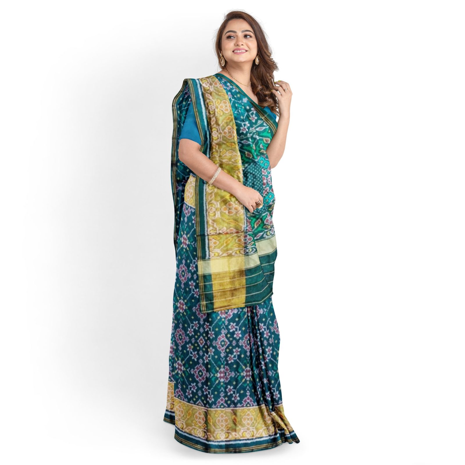 Traditional Rajkot Tissue Border Teal Navratan Patola Saree