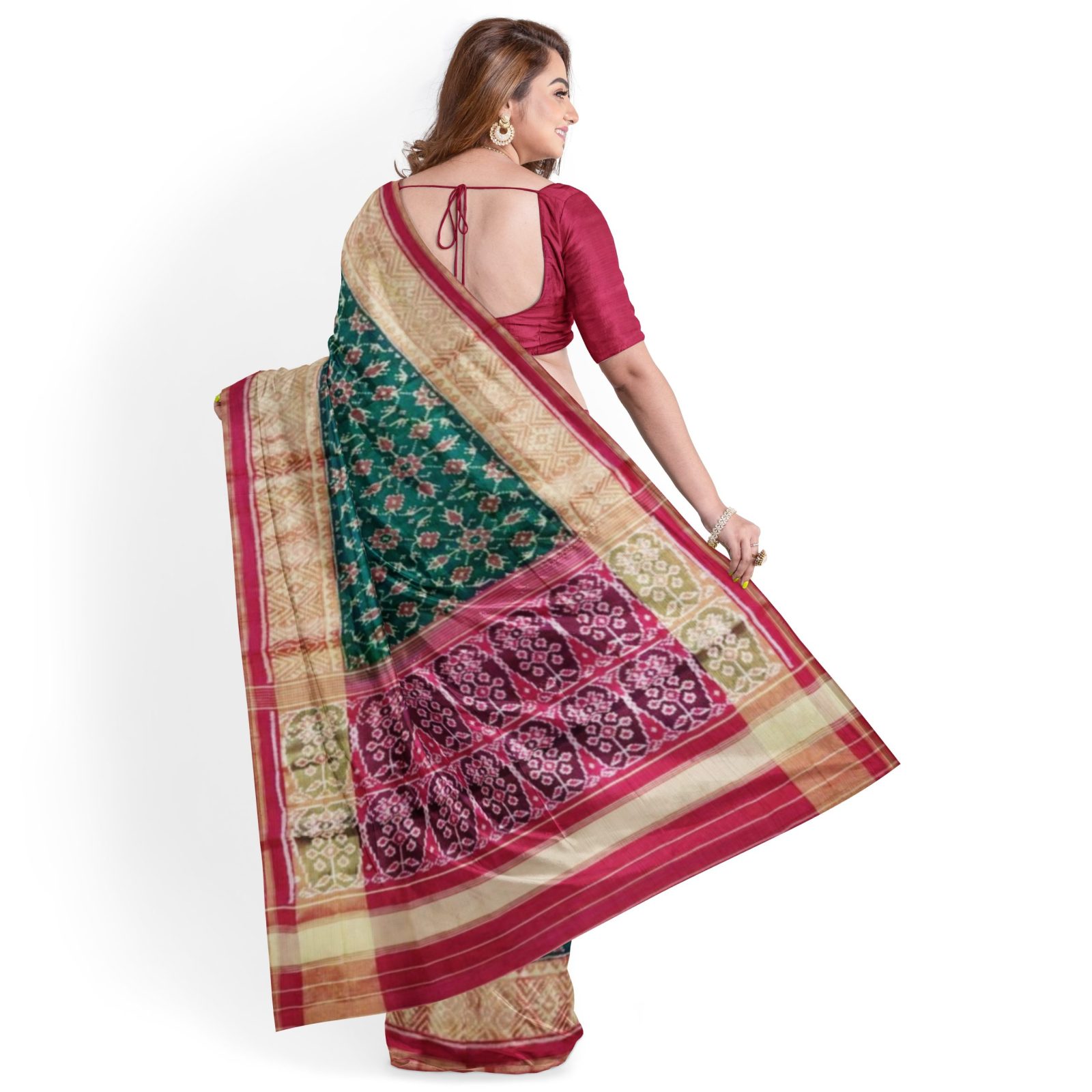 Traditional Rajkot Tissue Border Red Green Chabdi Patola Saree