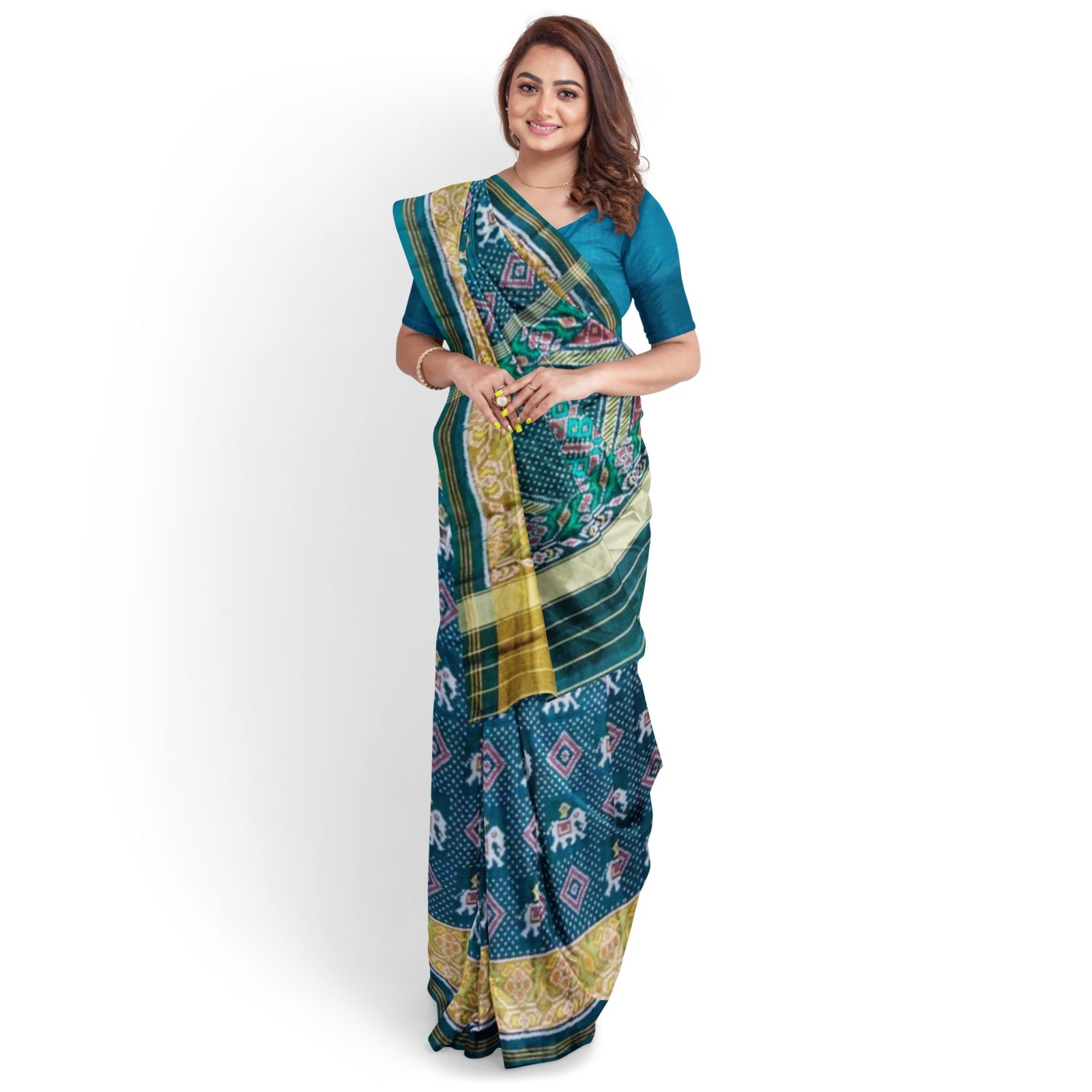 Traditional Rajkot Tissue Border Teal Elephant Chanda Patola Saree