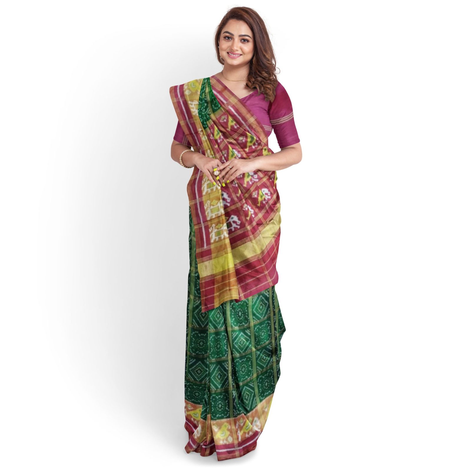 rajkotipatola Traditional Rajkot Tissue Border Red Green zari chex Patola Saree