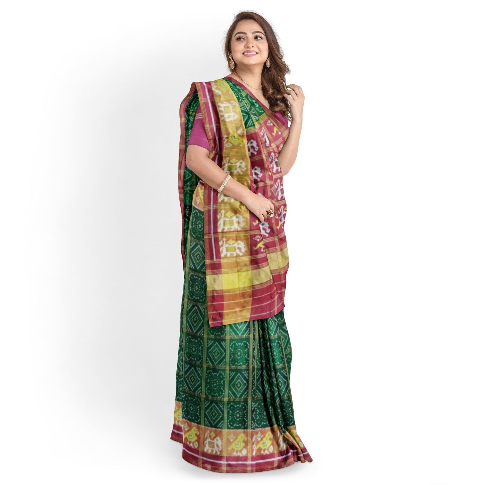 rajkotipatola Traditional Rajkot Tissue Border Red Green zari chex Patola Saree