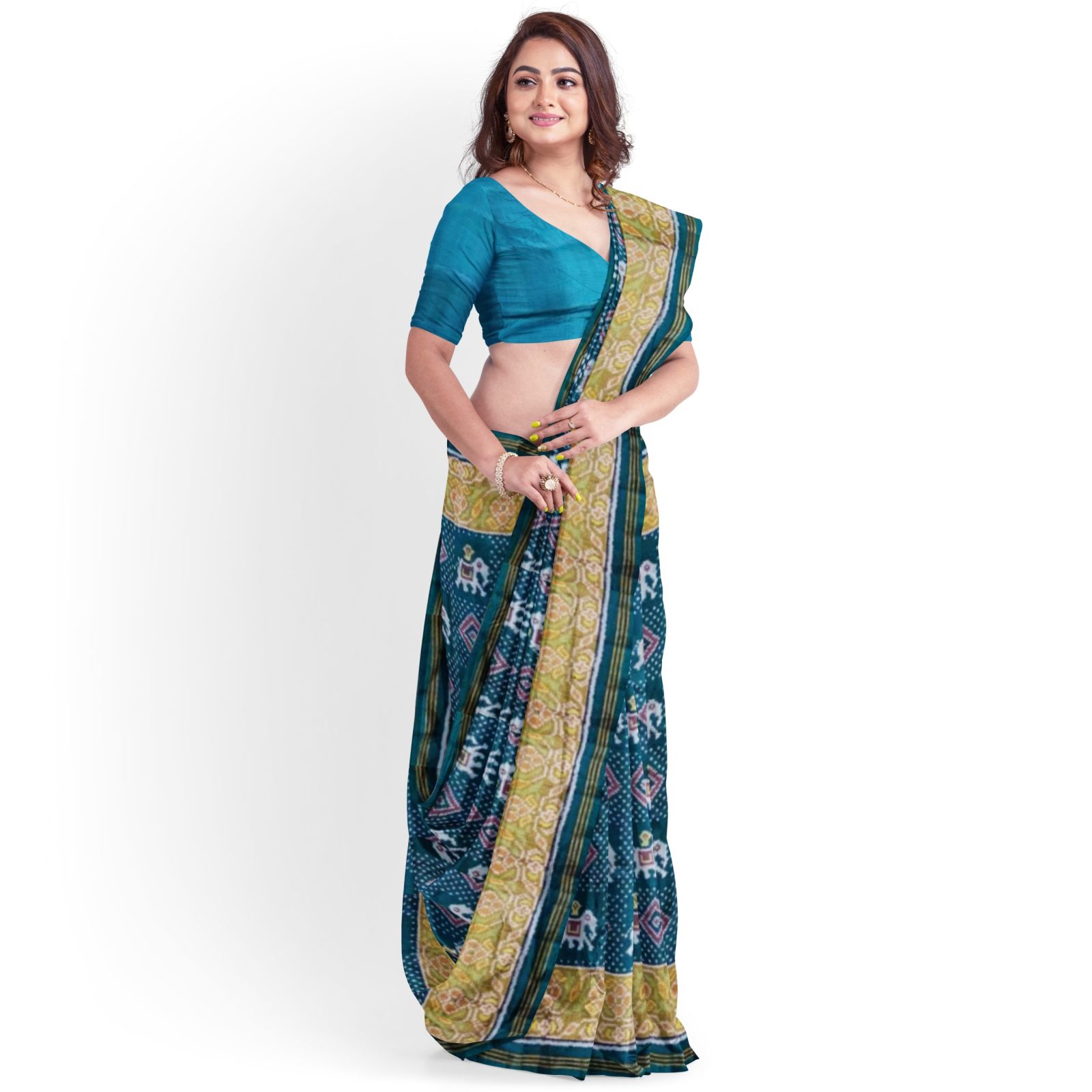 Traditional Rajkot Tissue Border Teal Elephant Chanda Patola Saree