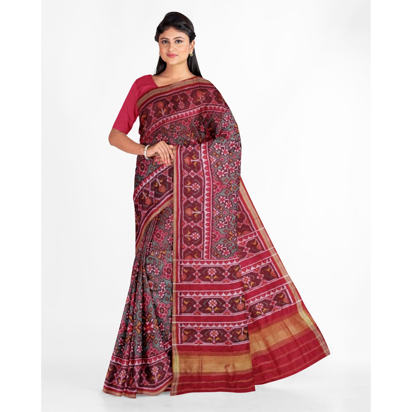 rajkotipatola Traditional Single ikkat Red SkyBlue Navratan Patola Saree