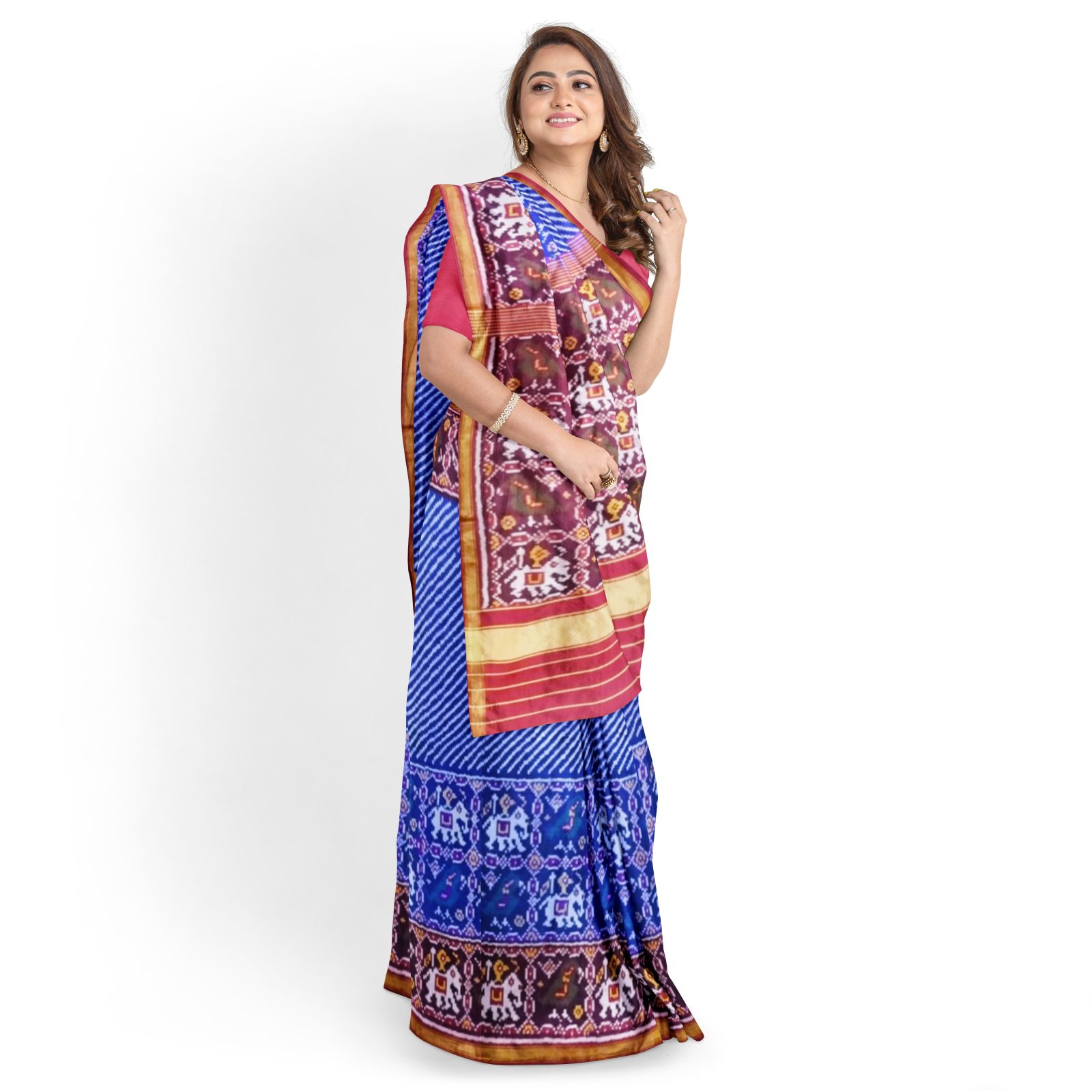 rajkotipatola Traditional Single ikkat Red Blue Lehariya Skirt Border Patola Saree