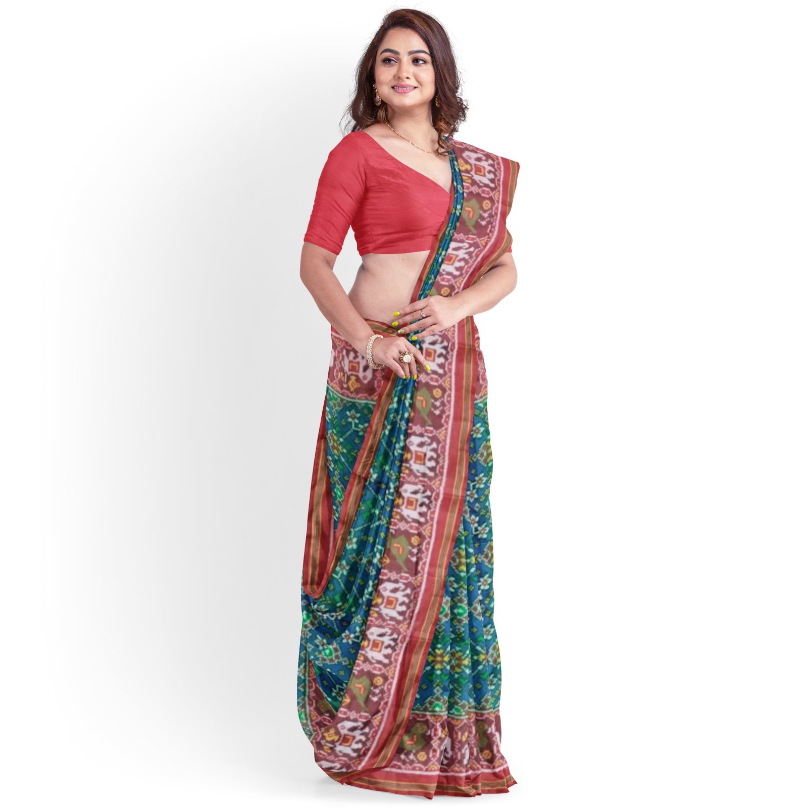 rajkotipatola Traditional Single ikkat Red Peacockblue Navratan Design Patola Saree