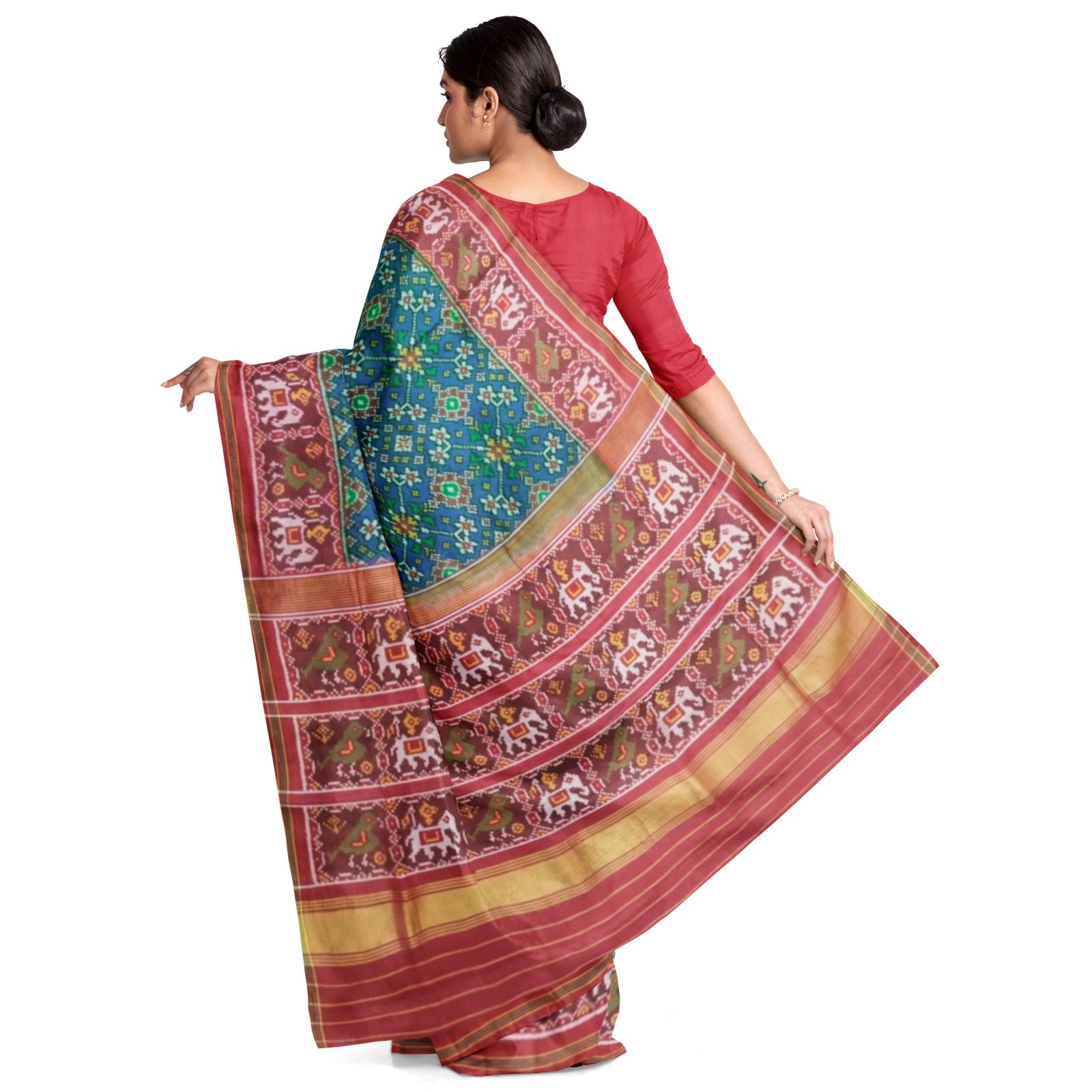 rajkotipatola Traditional Single ikkat Red Peacockblue Navratan Design Patola Saree