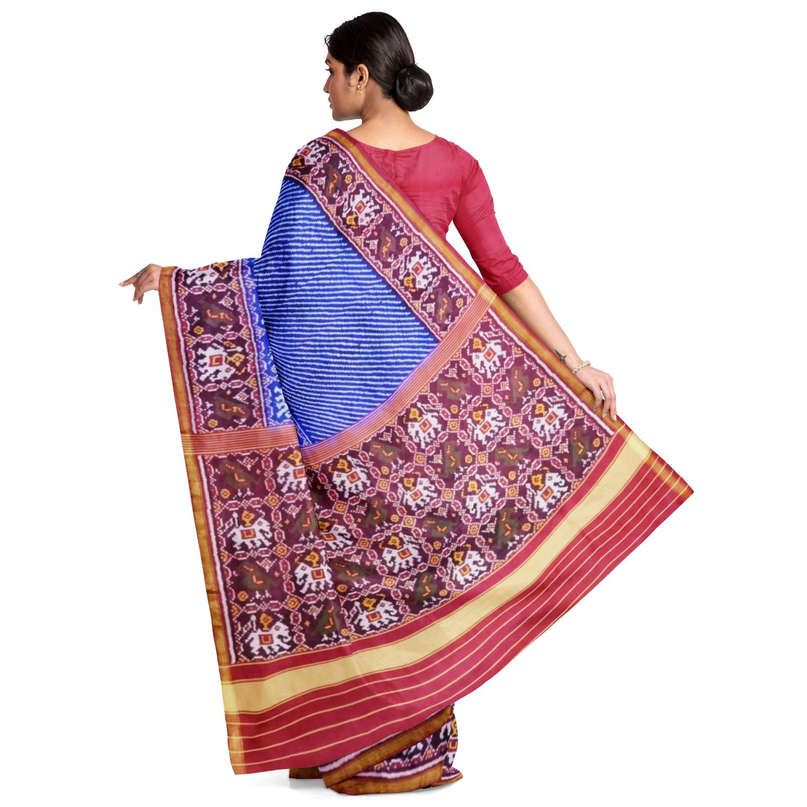rajkotipatola Traditional Single ikkat Red Blue Lehariya Skirt Border Patola Saree