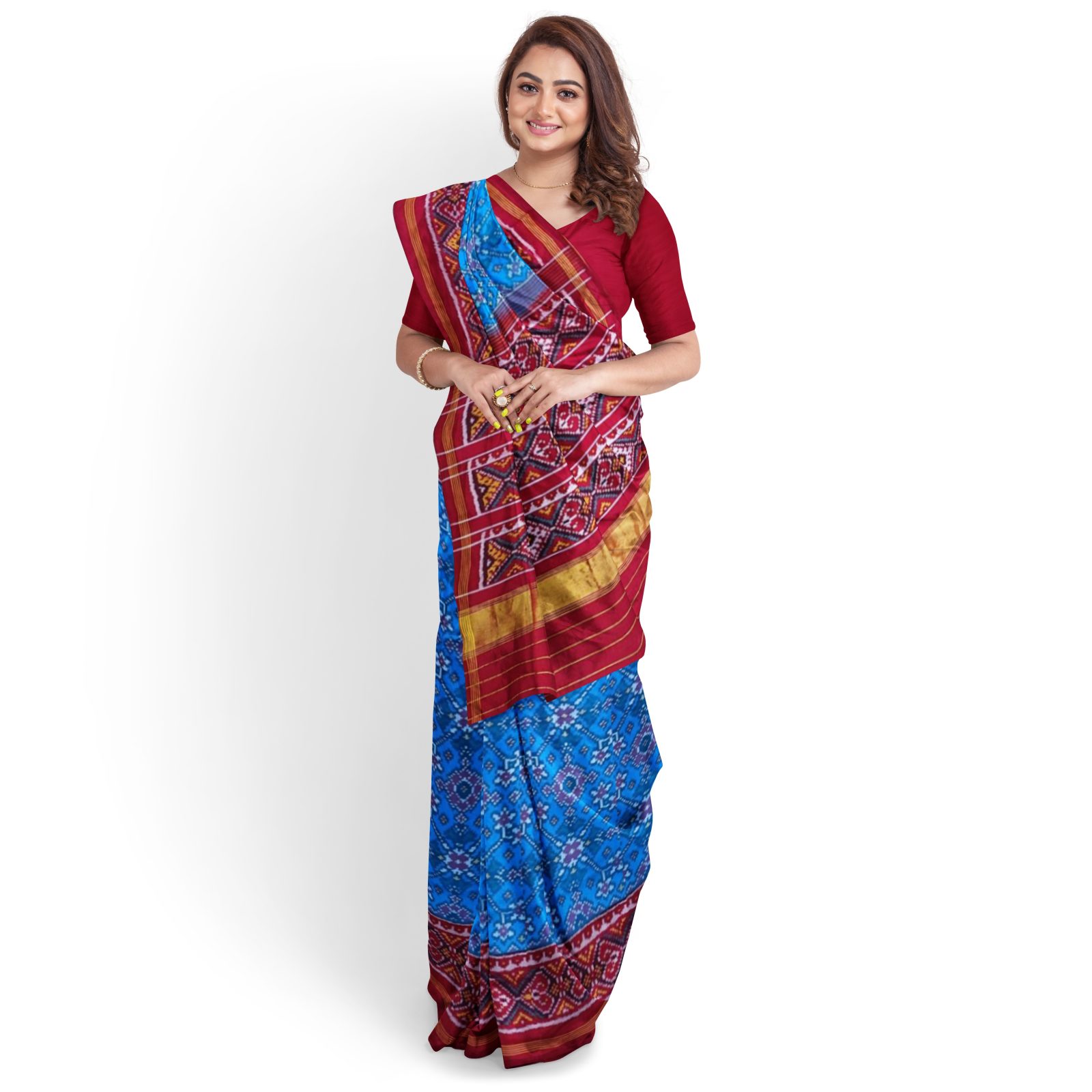 rajkotipatola Traditional Single ikkat Red Peacockblue Navratan Patola Saree