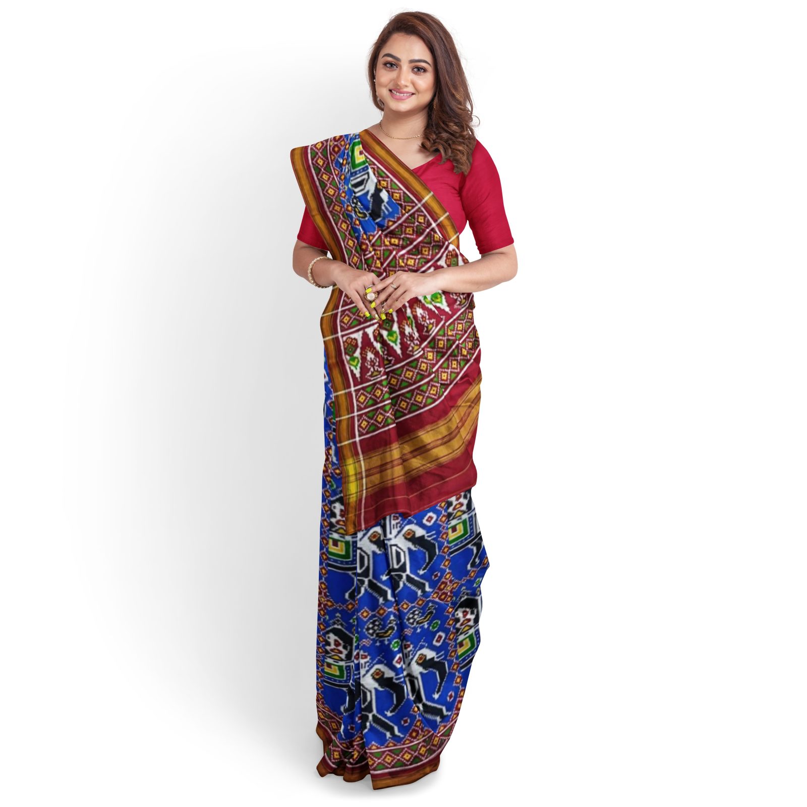 rajkotipatola Traditional Double Ikkat Red Blue Elephant Motifs Patola Saree