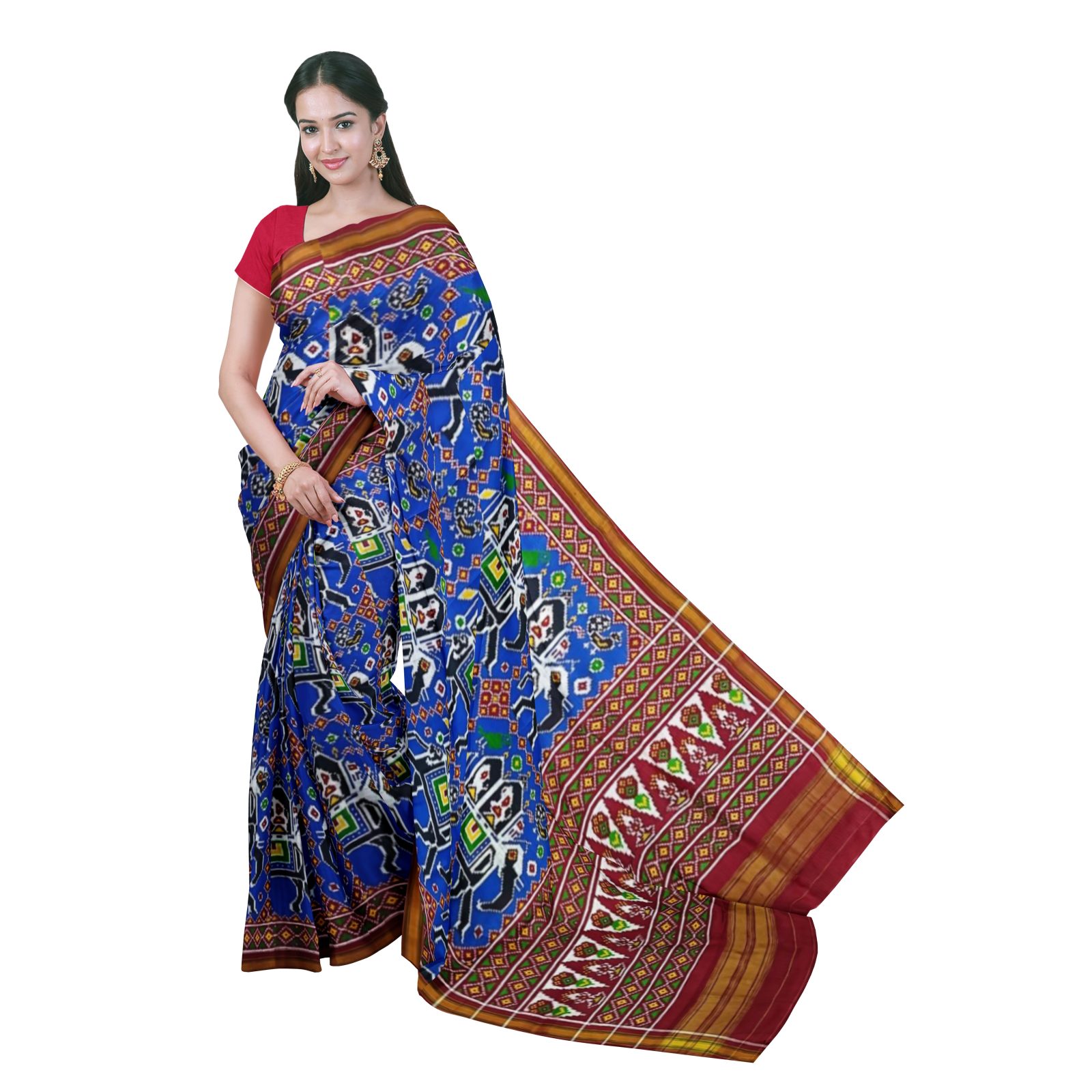 rajkotipatola Traditional Double Ikkat Red Blue Elephant Motifs Patola Saree