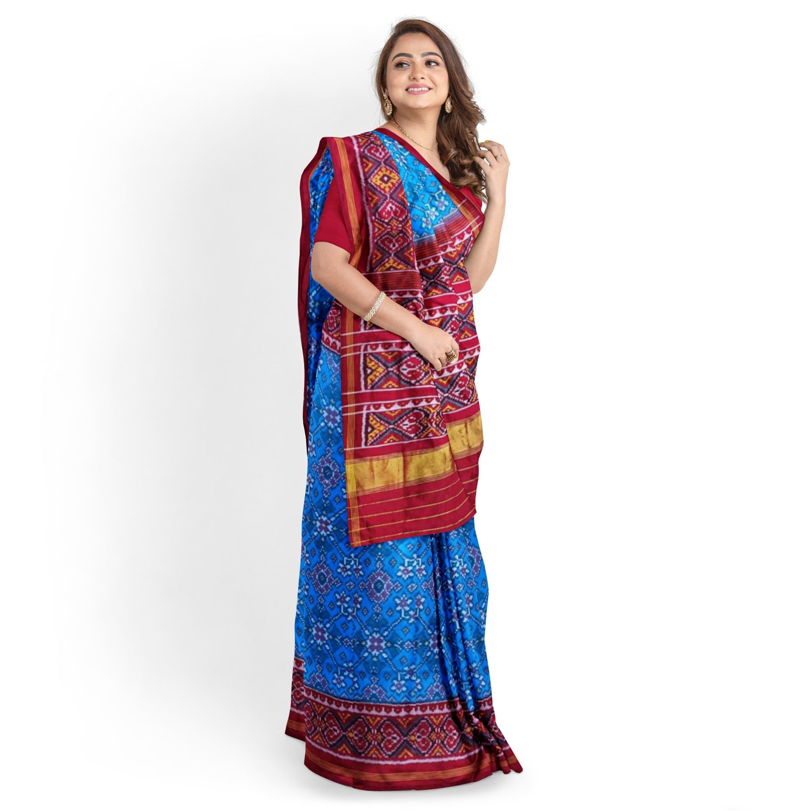 rajkotipatola Traditional Single ikkat Red Peacockblue Navratan Patola Saree