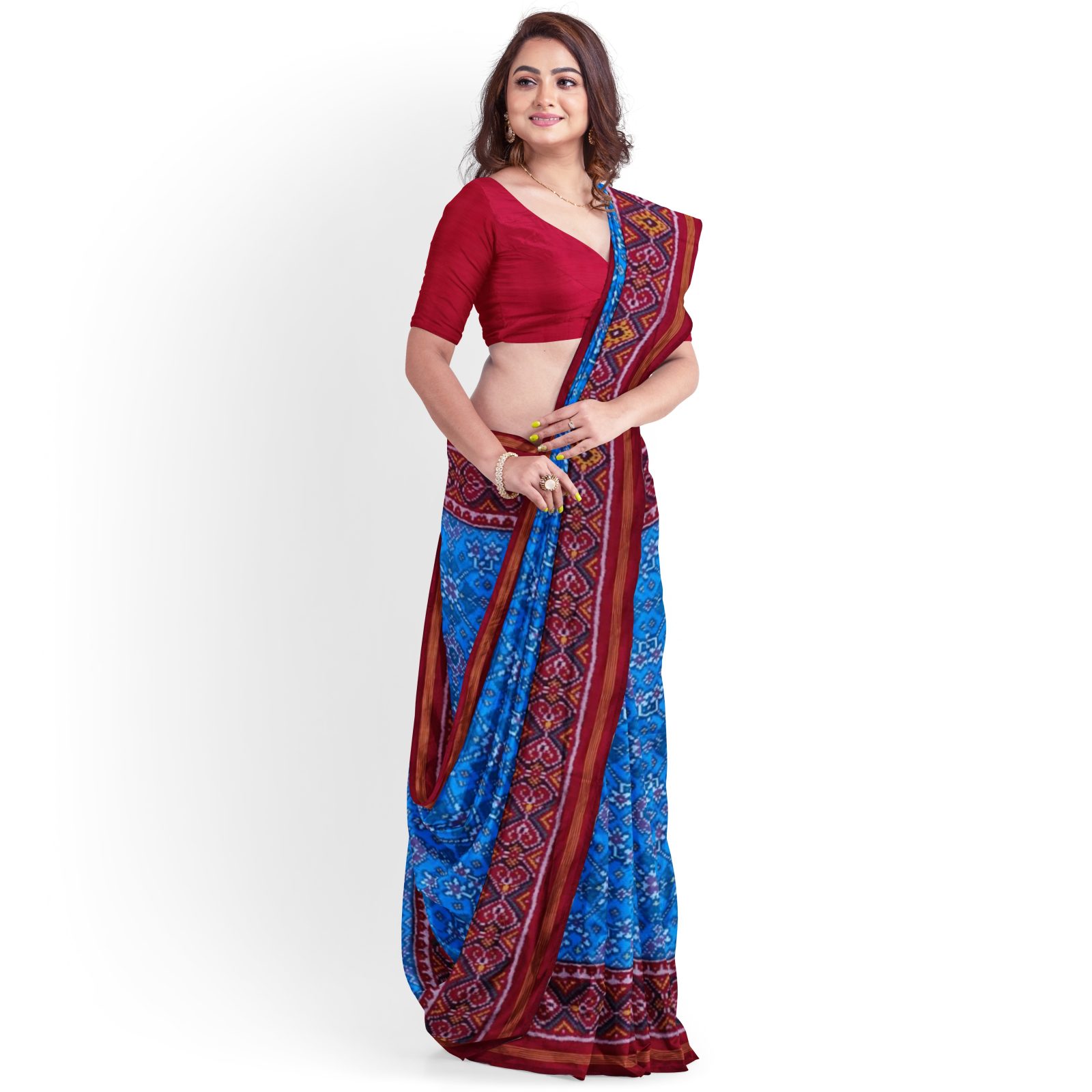 rajkotipatola Traditional Single ikkat Red Peacockblue Navratan Patola Saree