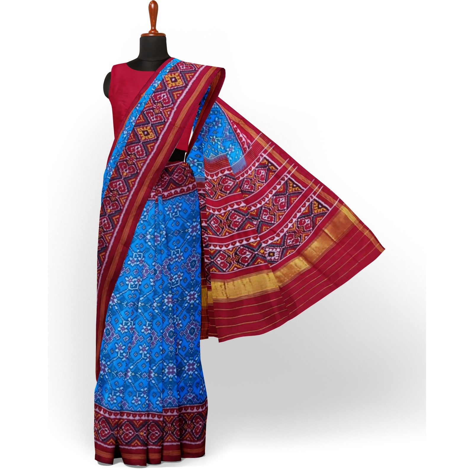 rajkotipatola Traditional Single ikkat Red Peacockblue Navratan Patola Saree