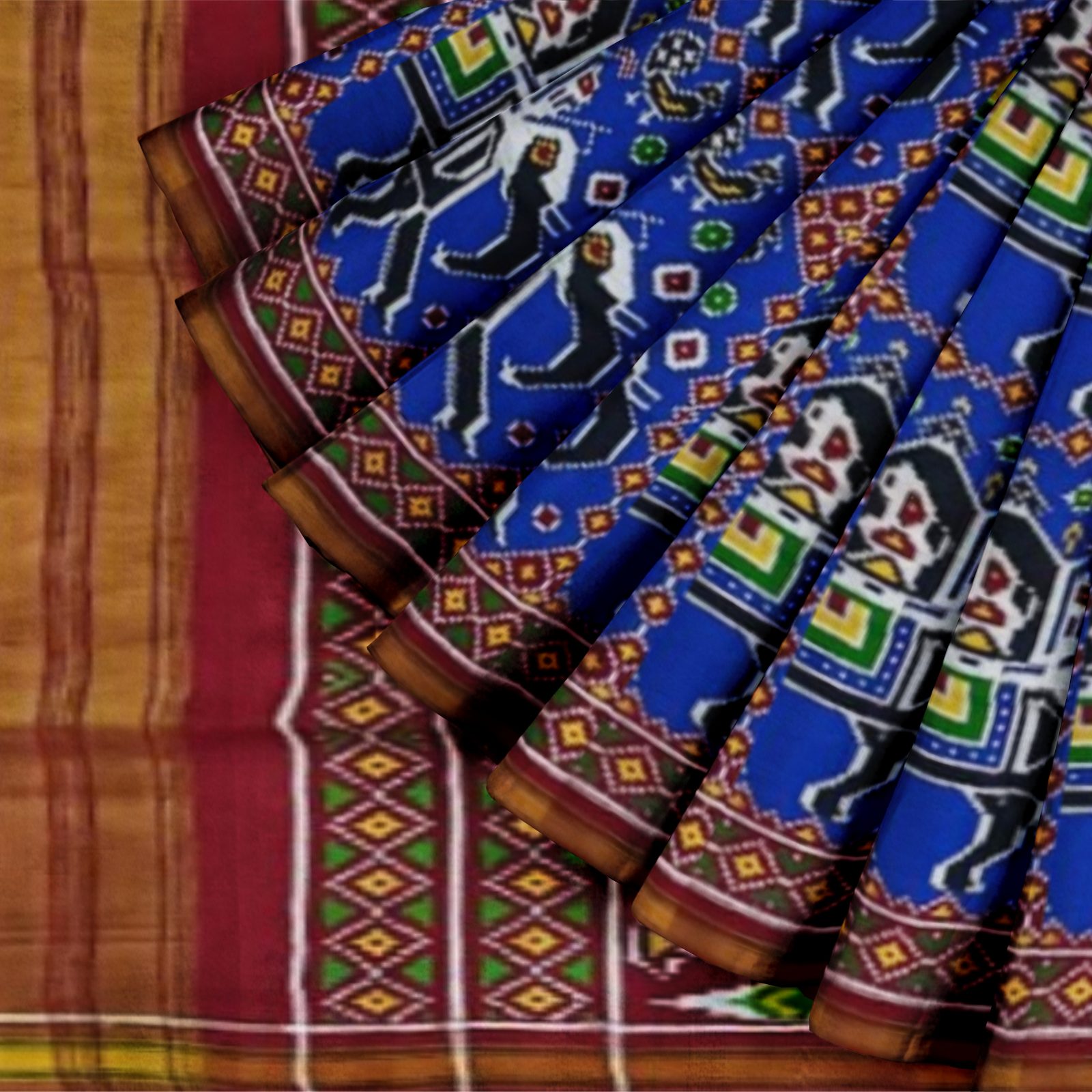 rajkotipatola Traditional Double Ikkat Red Blue Elephant Motifs Patola Saree