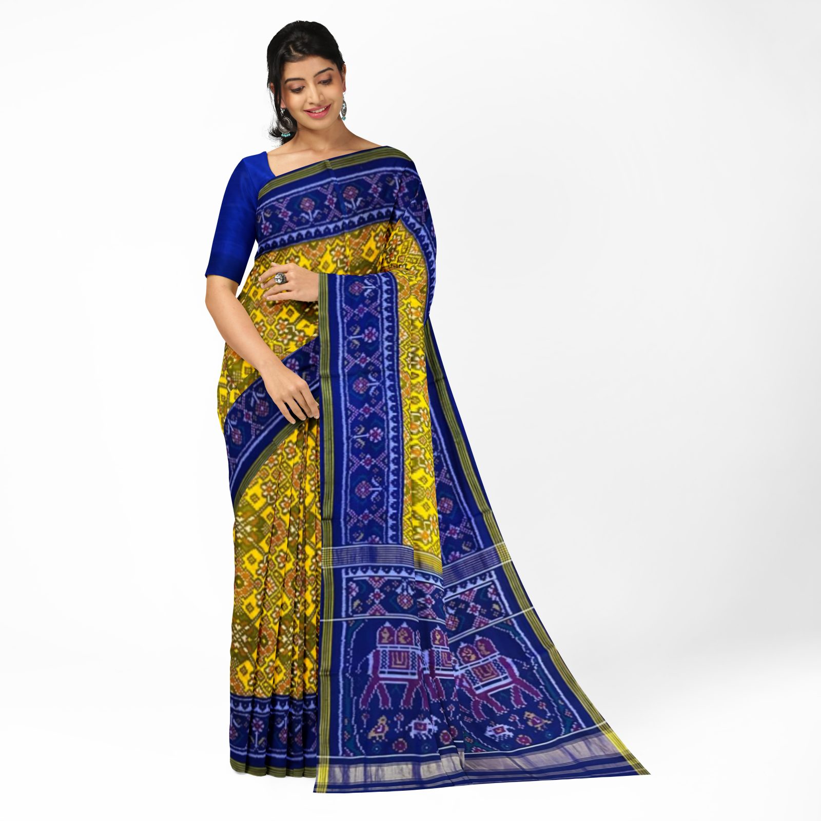 rajkotipatola Traditional Single ikkat Blue Yellow Navaratan Patola Saree