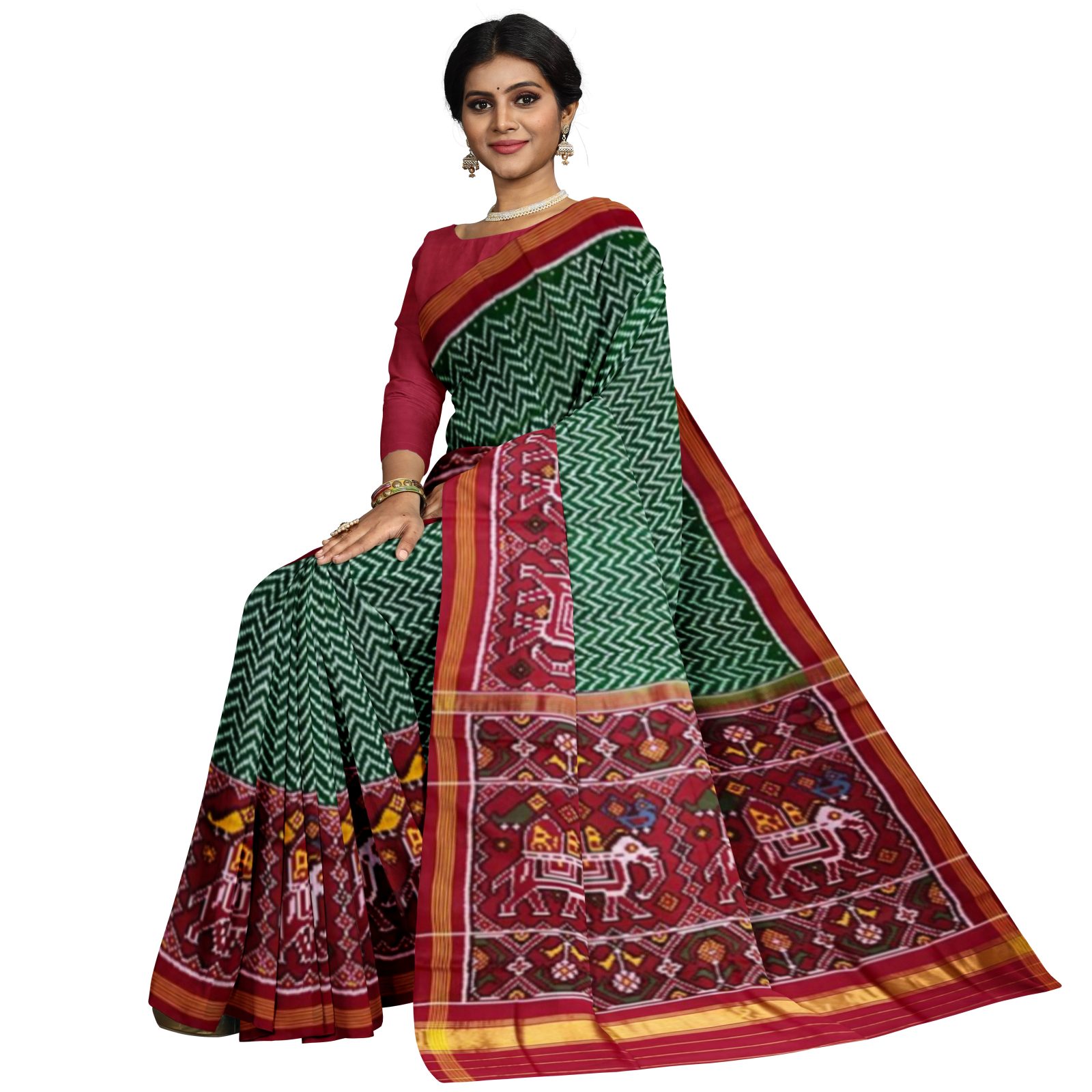 rajkotipatola Traditional Single ikkat Red Green Lehariya Skirtborder Patola Saree